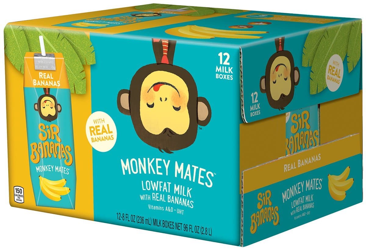 Sir Bananas Monkey Mates, Bananamilk, 8 oz (12 ct), Low Fat Milk with Real Bananas in Individual, Single Serve Milk Box Cartons Ready to Drink, with 8 Grams of Protein