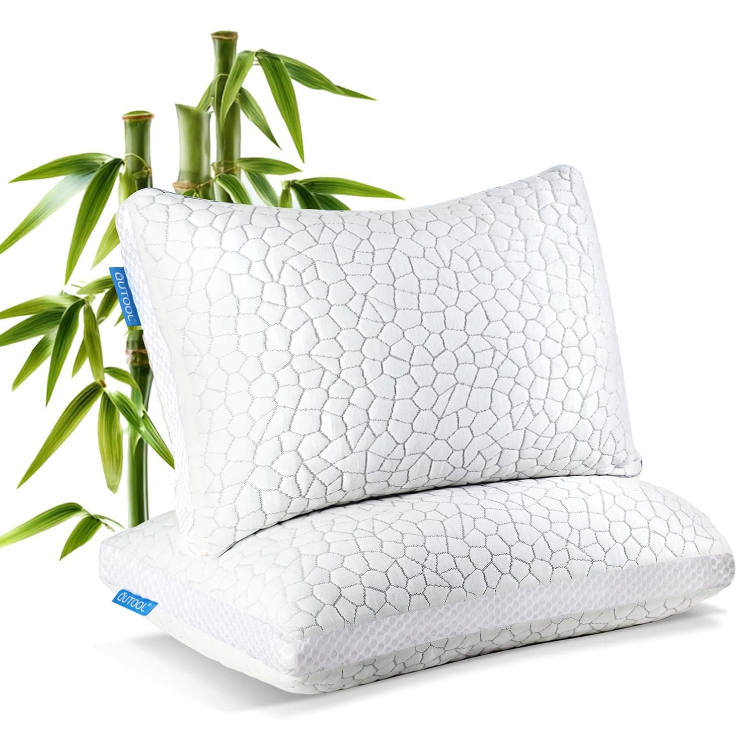 Shredded Memory Foam Pillows 2 Pack, Rayon Derived from Bamboo Pillow Queen Size Set of 2, Cooling Gel Pillows for Sleeping, Adjustable Pillow for Side Stomach and Back Sleepers with Washable Cover