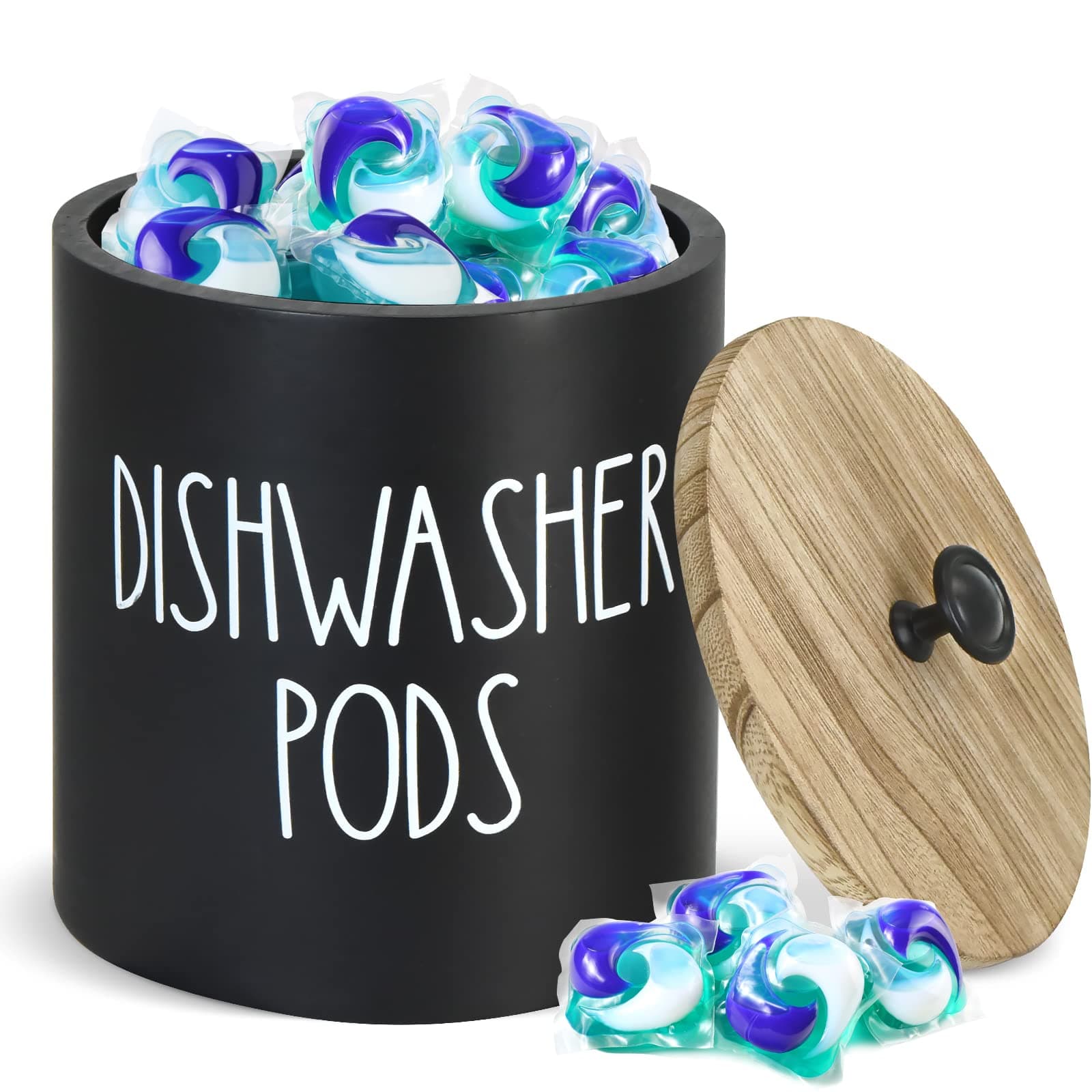 Anwelynd Round Dishwasher Pod Holder, Dishwasher Tablet Container for Kitchen Decor and Accessories, Wood Laundry Detergent Pods Container with Lid, Kitchen Storage Container for Laundry Pods