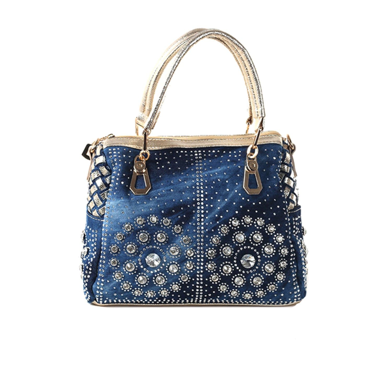 Di Grazia Women's Italian Diamond Stone Denim Handbag (Blue Gold, Denim-Stone-Blue-Handbag)