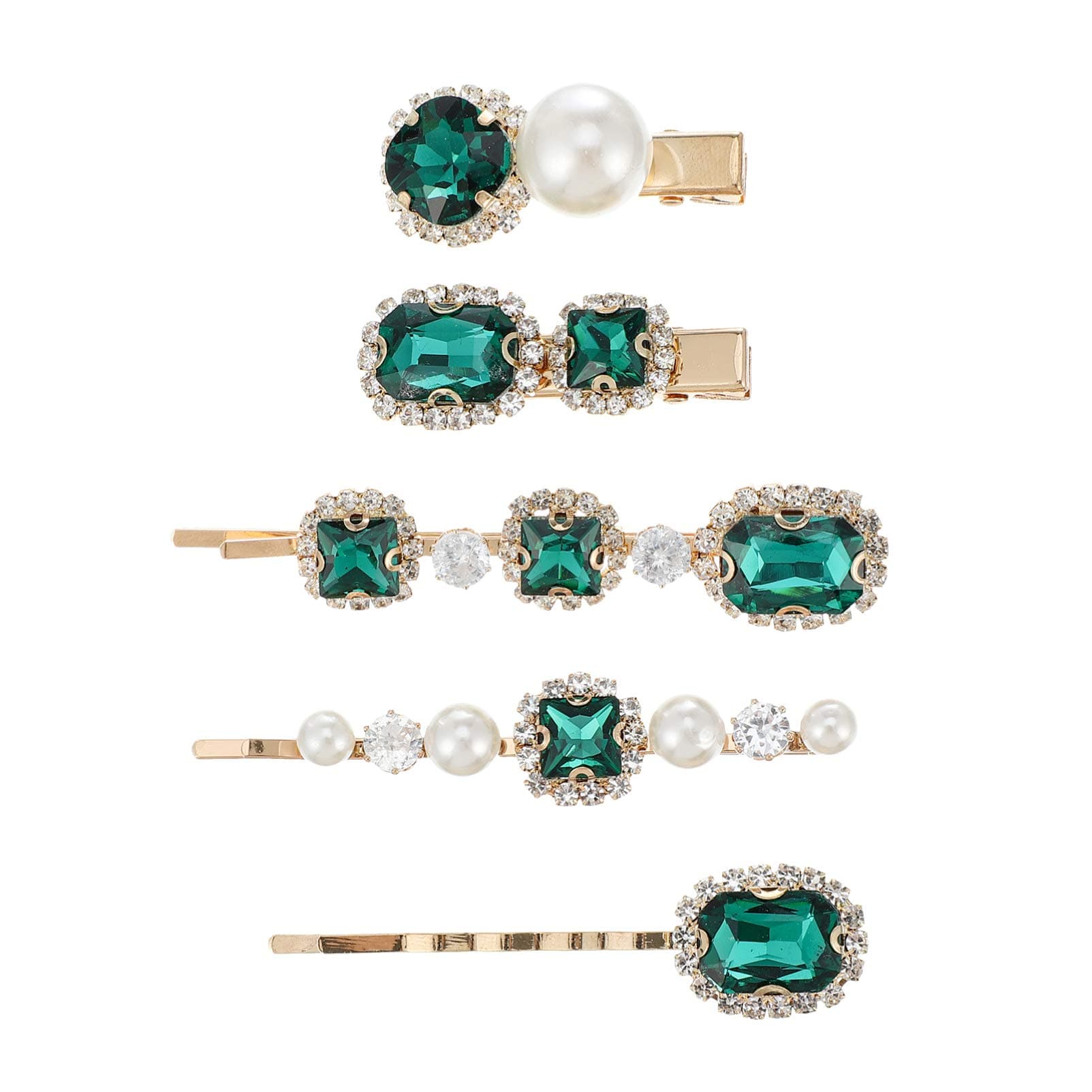 Lurrose5pcs Green Crystal Hair Clips Pearl Diamond Hairpins Metal Makeup Clips Wedding Headdress for Women Girls Hair Decoration
