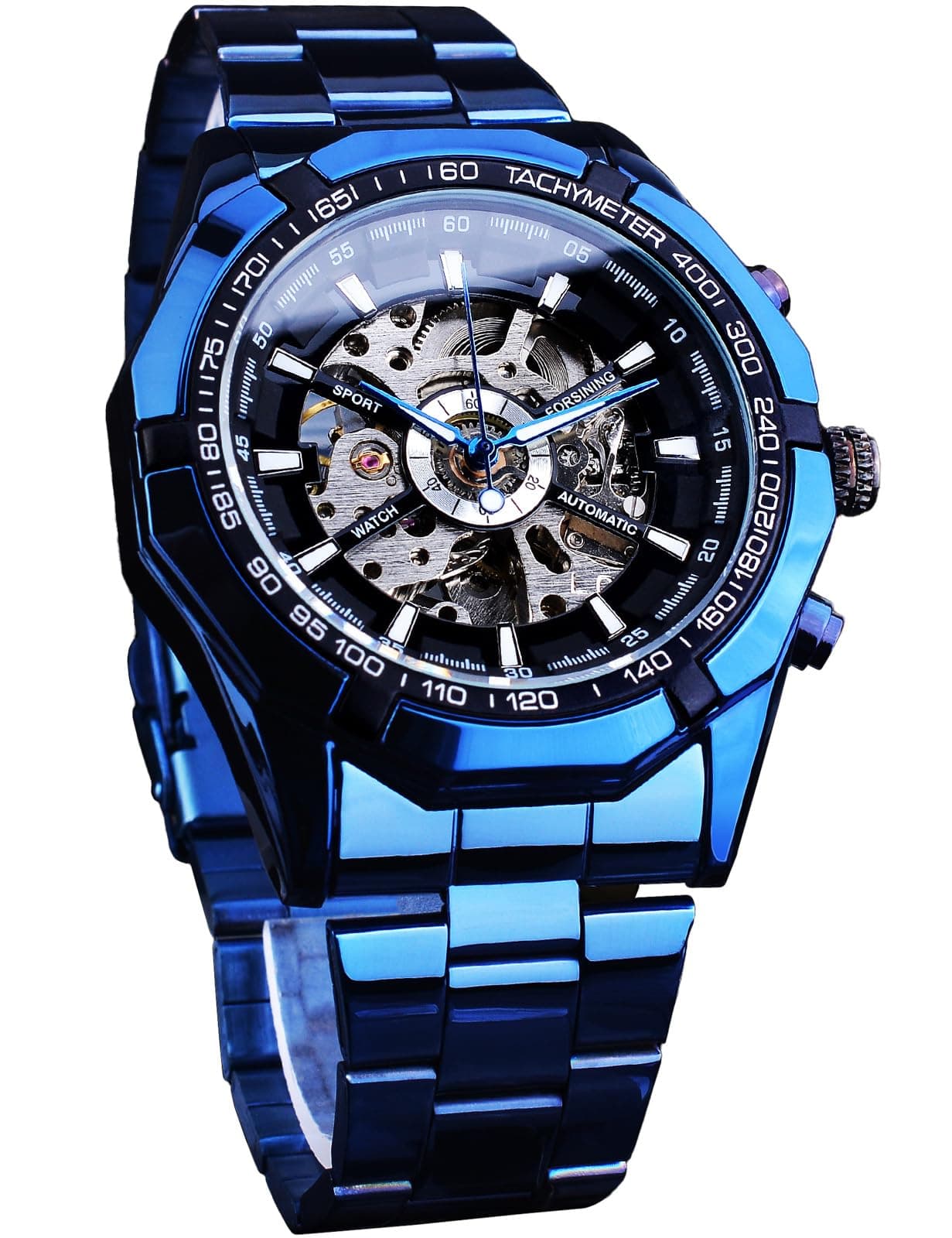 FORSINING Men's Watch Self-wind Skeleton Hollow Out Mechanical Automatic Luxury Watches, Blue Black Stainless Steel Band Waterproof Wristwatch