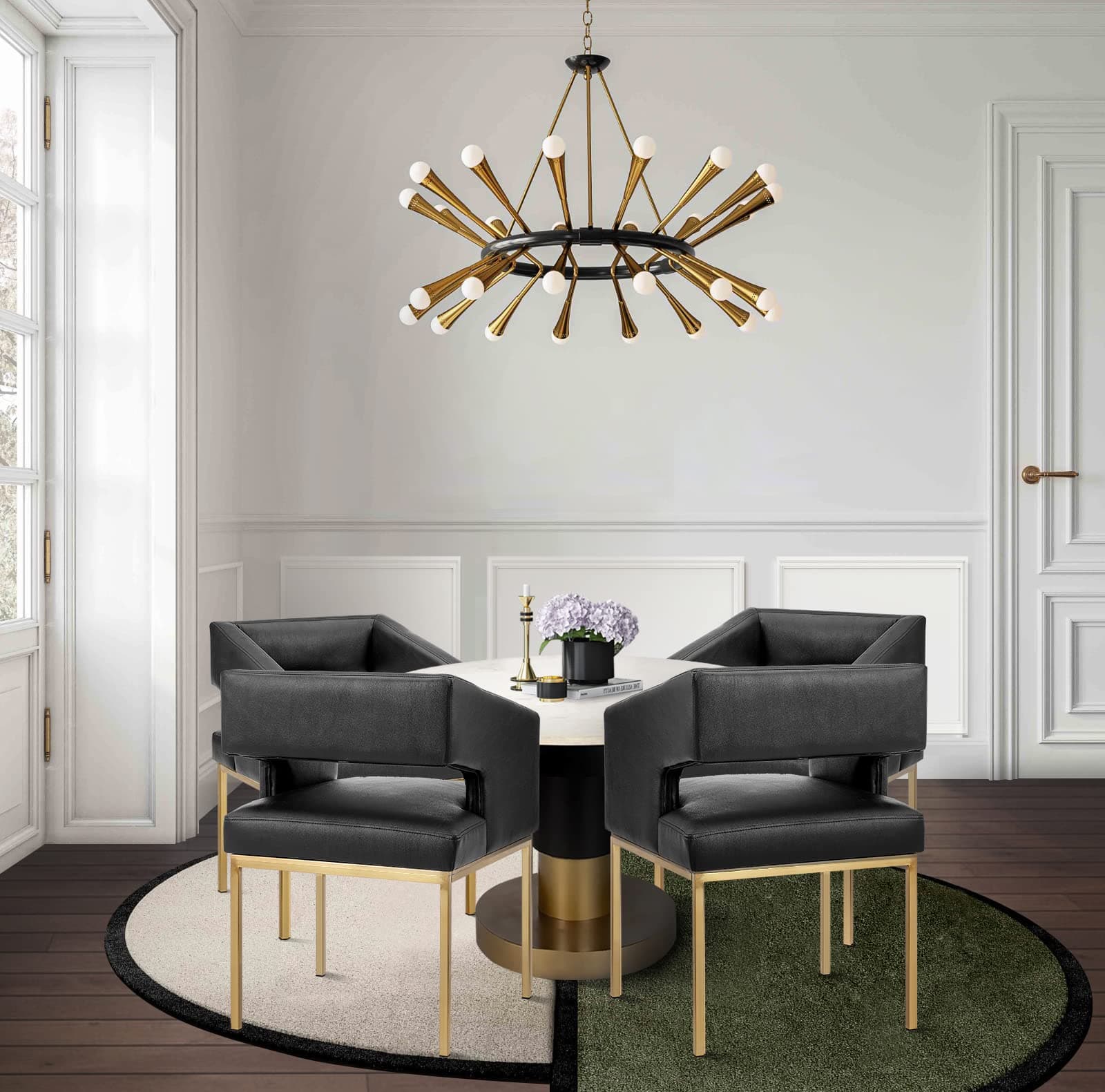 Iconic HomeRoma Dining Chair Faux Leather Upholstered Open Back Slope Arm Design Gold Tone Metal Legs (1 Piece) Modern Contemporary, Black