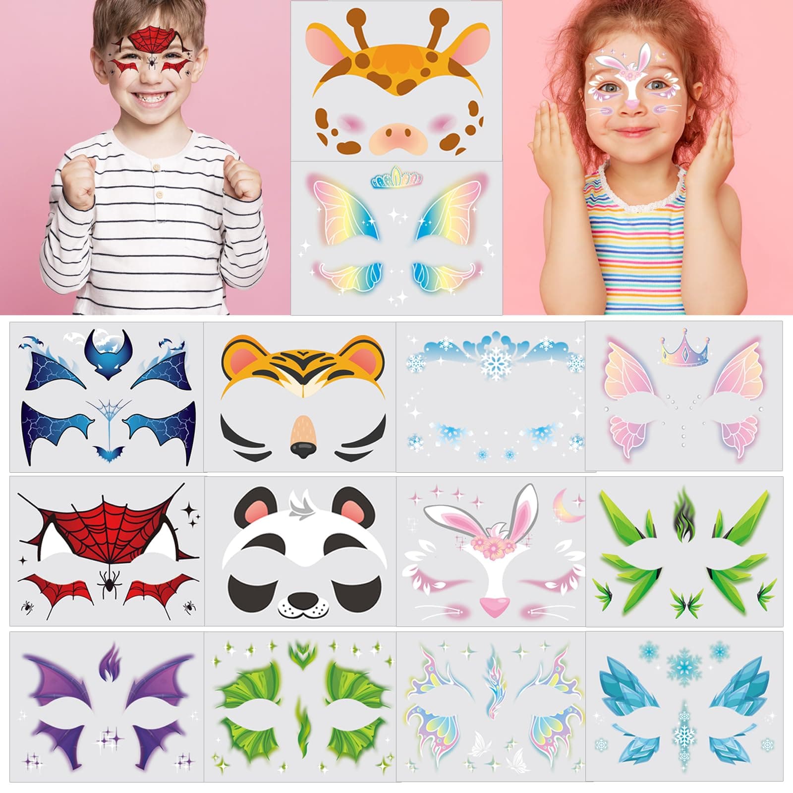 Face Temporary Tattoos for Kids Halloween, 14 Sheets Superheroes Animal Tiger Panda Elk Butterfly Ice Snow Dinosaur Bat Tattoo Stickers for Girls Boys Birthday Party Favors Makeup Supplies