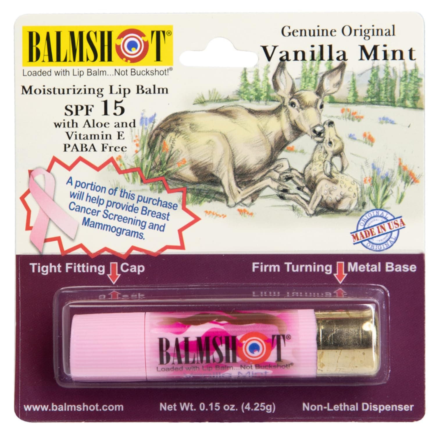 BALMSHOT Camo Vanilla Mint Lip Balm SPF 15 – Beeswax Chapstick in 20-Gauge Brass Shotgun Shell Tube, Outdoor Lip Protector for Hunting, Fishing, Hiking, Heat Tolerant, Made in USA