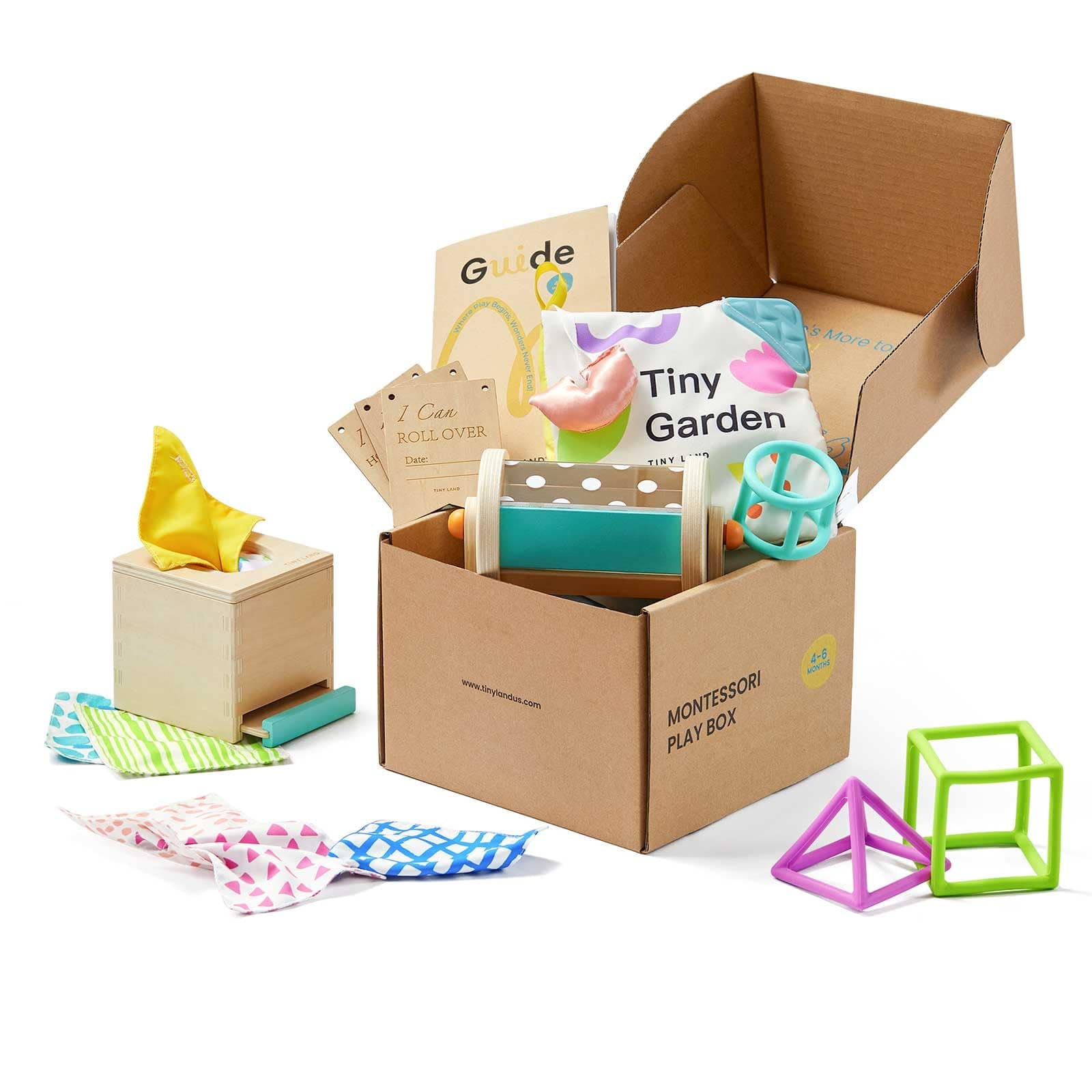 Tiny Land Montessori Baby Toy Set 4-6 Months – Early Learning Motor Skills Development Kit with 4-in-1 Soft Cloth Book, Spinning Rainbow Toy, Silicone Blocks and Baby Tissue Box