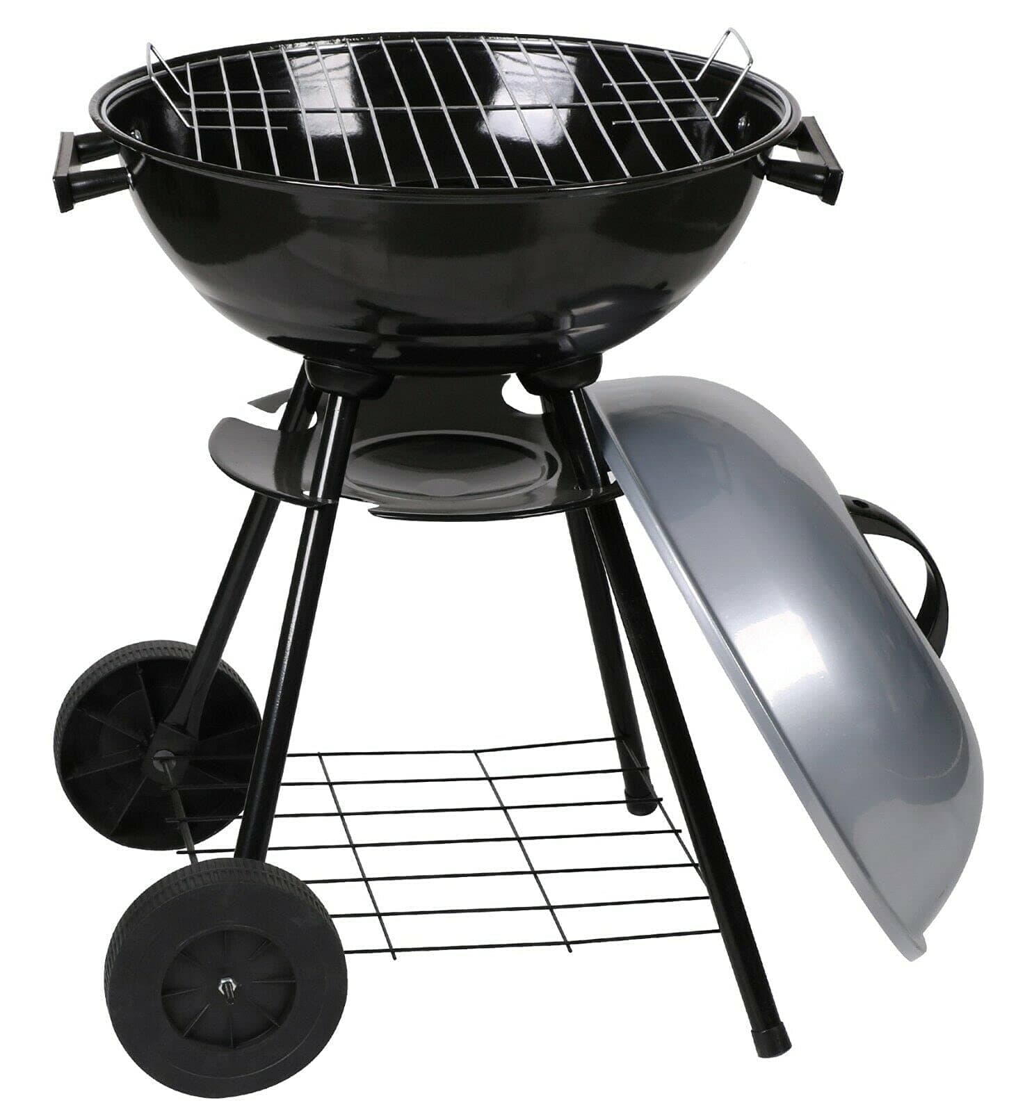 Freestanding Portable Kettle BBQ, 41cm Grill Barbecue, Black | Alloy Steel 72cm Charcoal BBQ with Wheels & Air Vent | Barbecue Grill for Outdoor Cooking & Smoking | Camping BBQ with Ash Catcher