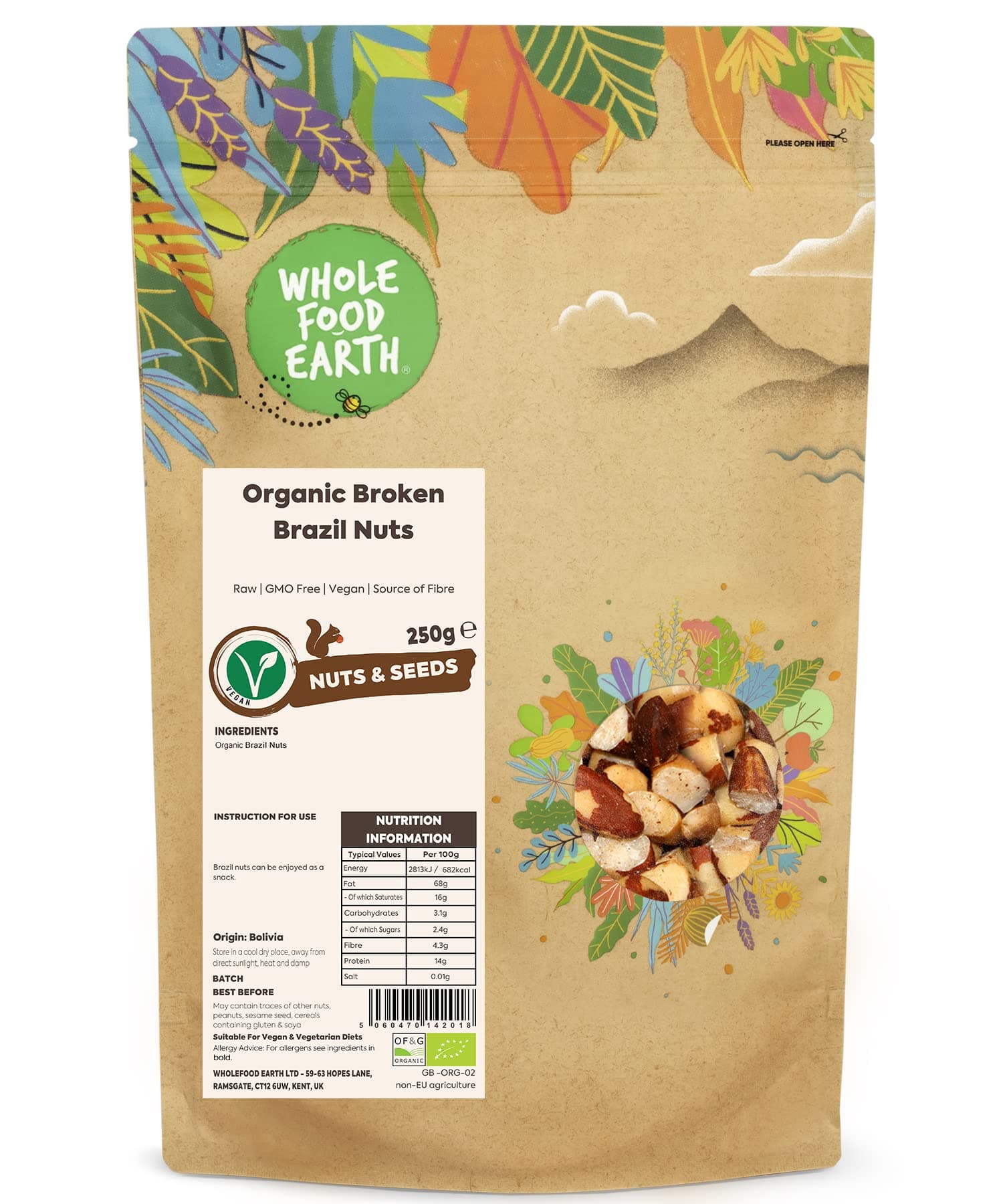 Wholefood Earth Organic Broken Brazil Nuts – 250g | Raw | GMO Free | Vegan | Source of Fibre | Certified OrganicEU Organic