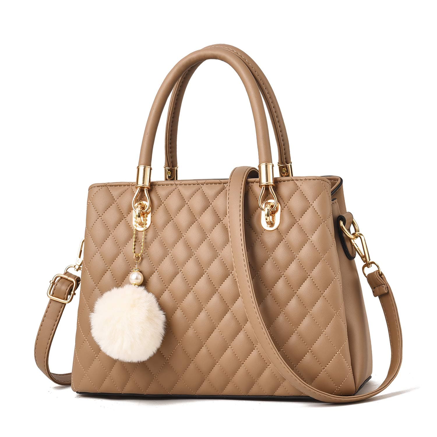 Womens Leather Handbags Purses Top-handle Totes Satchel Shoulder Bag for Ladies with Pompon