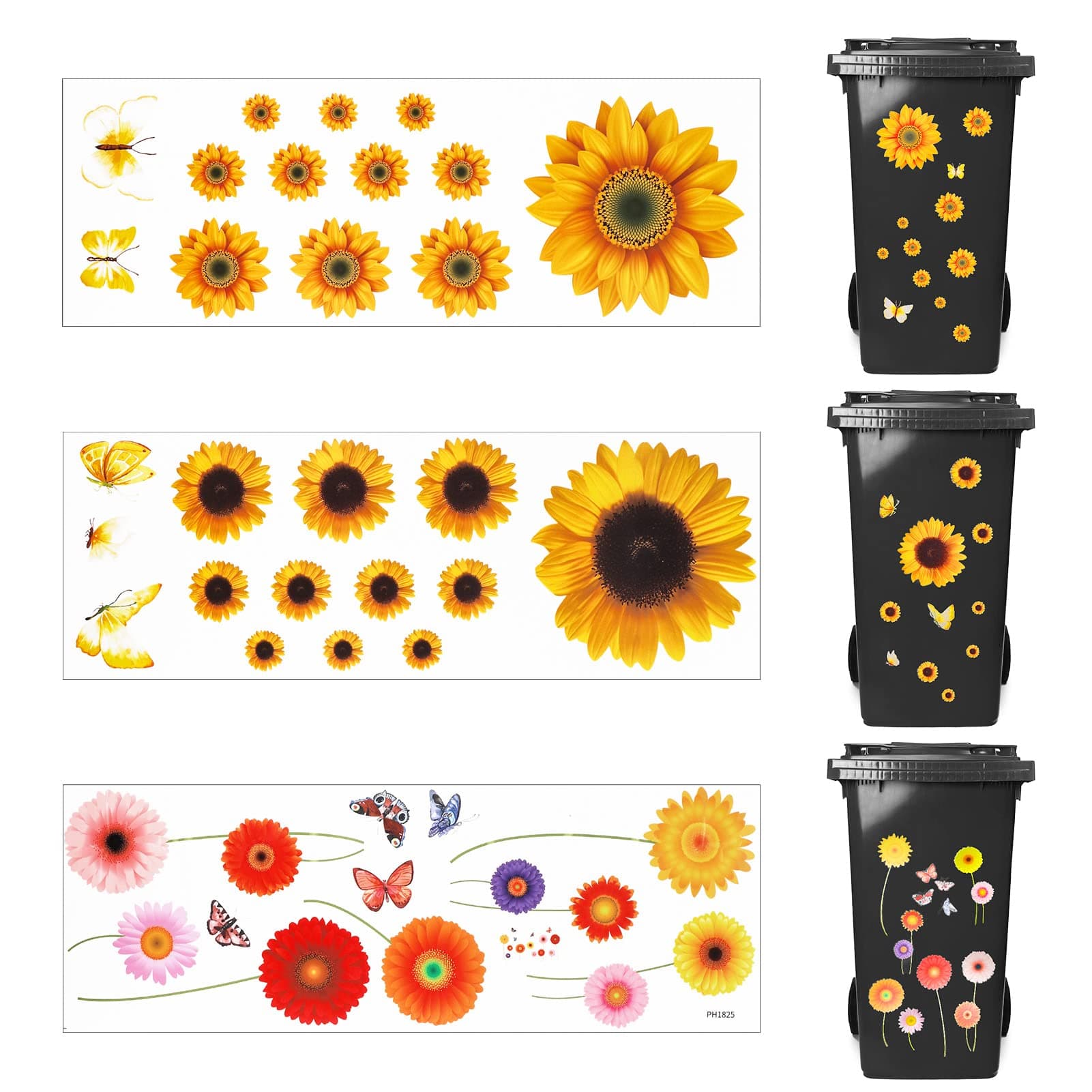 Fanshiontide3 Sheets Wheelie Bin Stickers Flowers, Self Adhesive Sunflower Colorful Flower and Butterfly Sticker Waterproof Vinyl House Decorative Stickers Bin Labels for Cars Wall, Door, Bin, Fridge