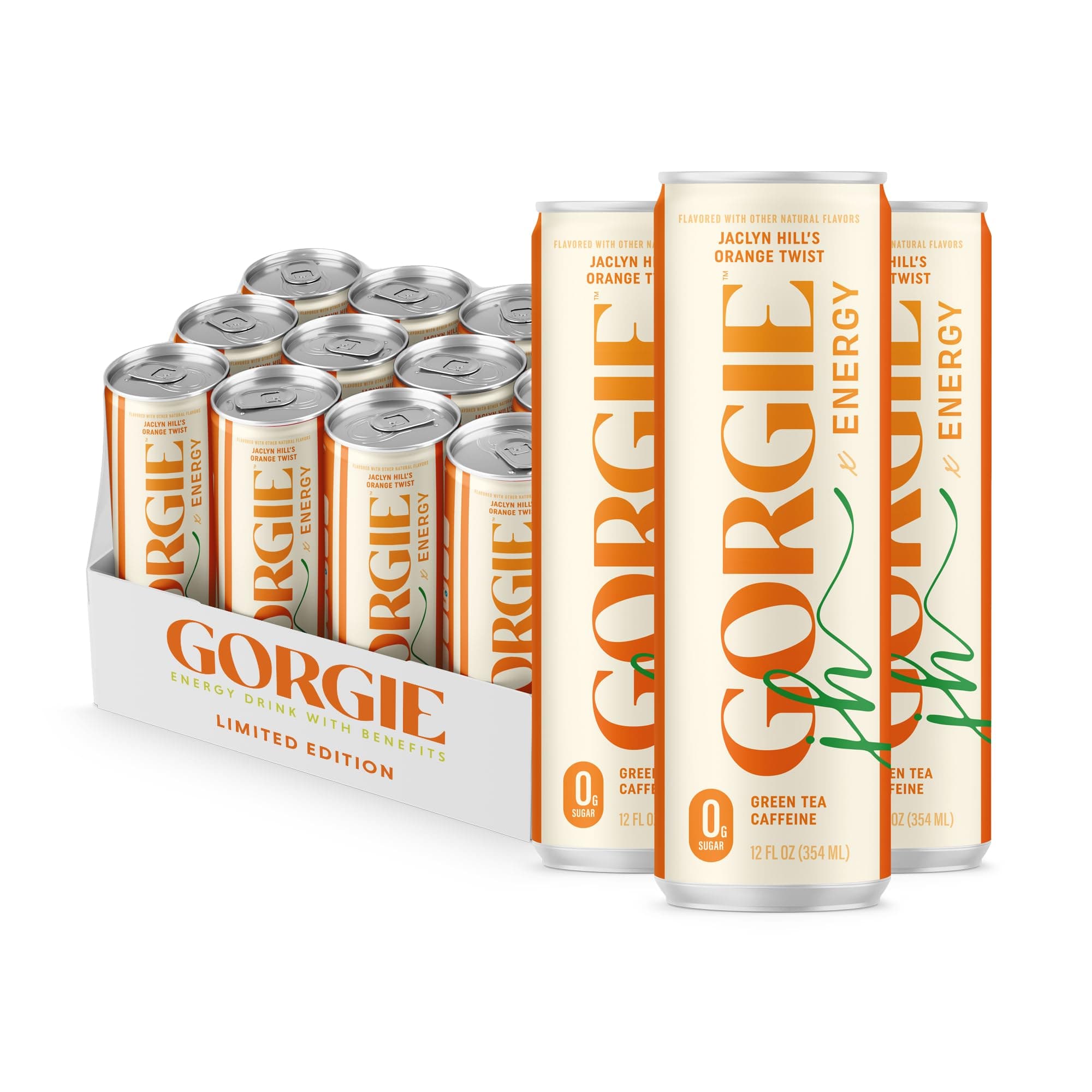 GORGIE Sugar Free Natural Energy Drinks, Jaclyn Hill Orange Twist (12 Pack) Healthy Sparkling Energy Drinks Natural Coffee Replacement with Green Tea Caffeine and Biotin, Vegan, Low Callus