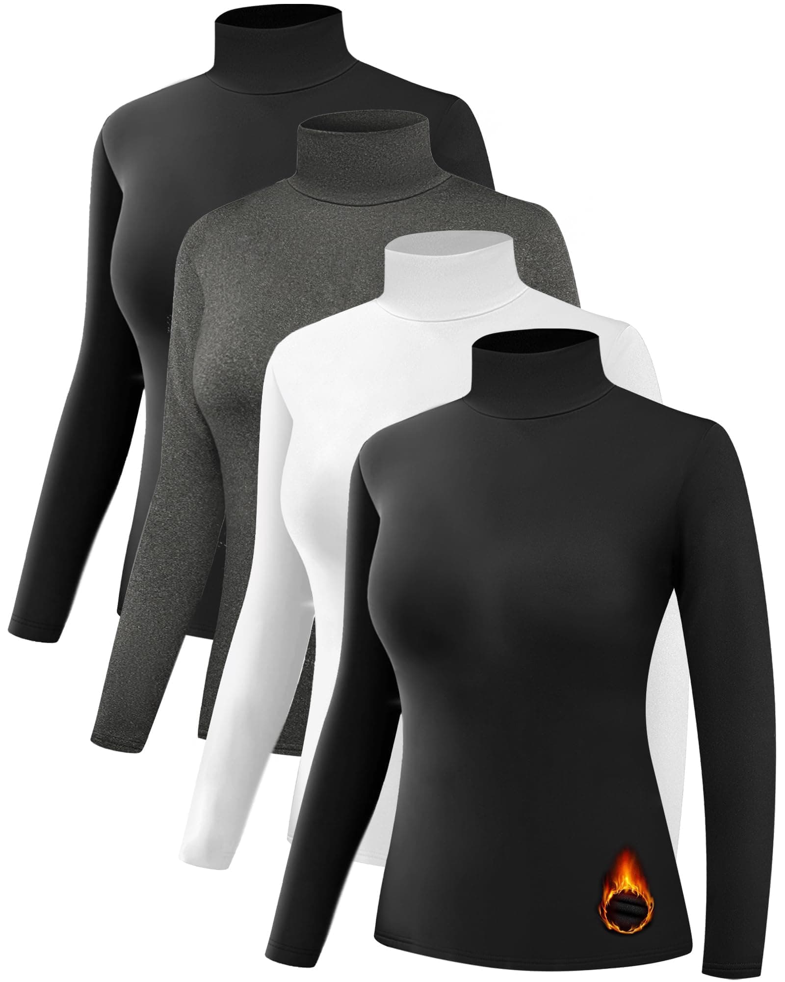 4 Pack Women’s Thermal Turtleneck Shirts, Women Turtle Neck Fleece Lined Compression Long Sleeve Base Layer Tops