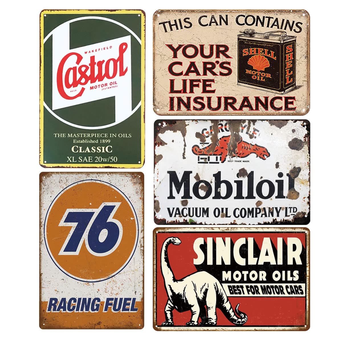 Pack of 5 pcs Retro Vintage Tin Signs, Gas Oil Car Metal Posters for Garage Man Cave Bar, 8x12 inch/20x30cm