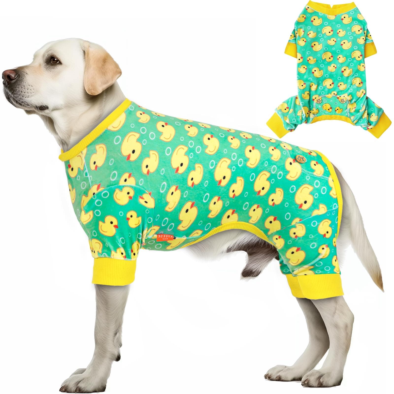 KYEESE Dog Pajamas Velvet Dog Pajamas Medium Sized Dogs Soft Dogs Clothes Pjs with Yellow Ducks Pattern Stretchy Pet Jammies Coat Comfy Pet Onesie Costume, 2X-Large