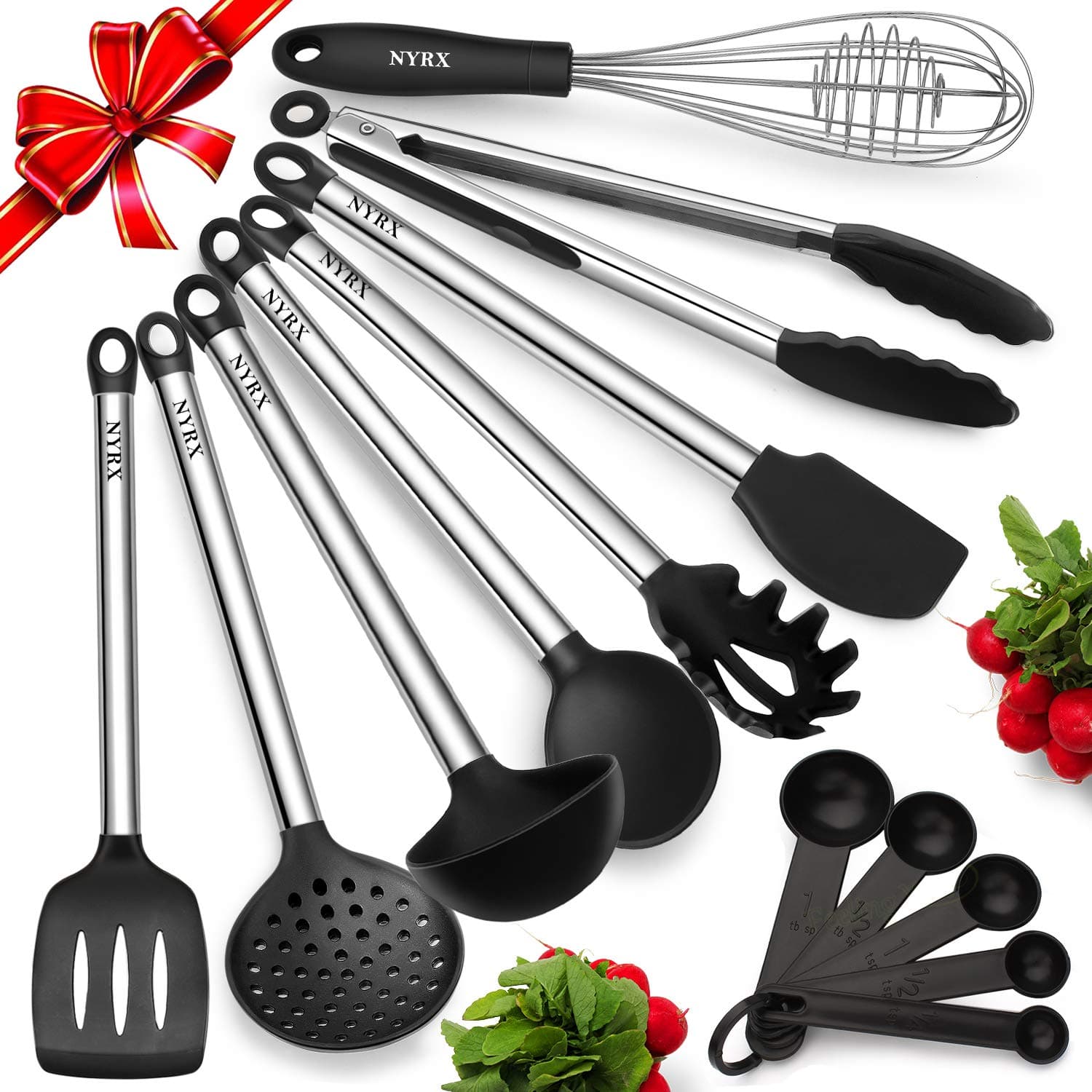 Kitchen Utensil Set, Set of 8 Silicone Kitchen Utensils with Stainless Steel Handles, Heat Resistant & Nonstick Cooking Tools – Tongs, Serving Spoon, Whisk, Spatula, Ladle, Slotted Turner, Spatula