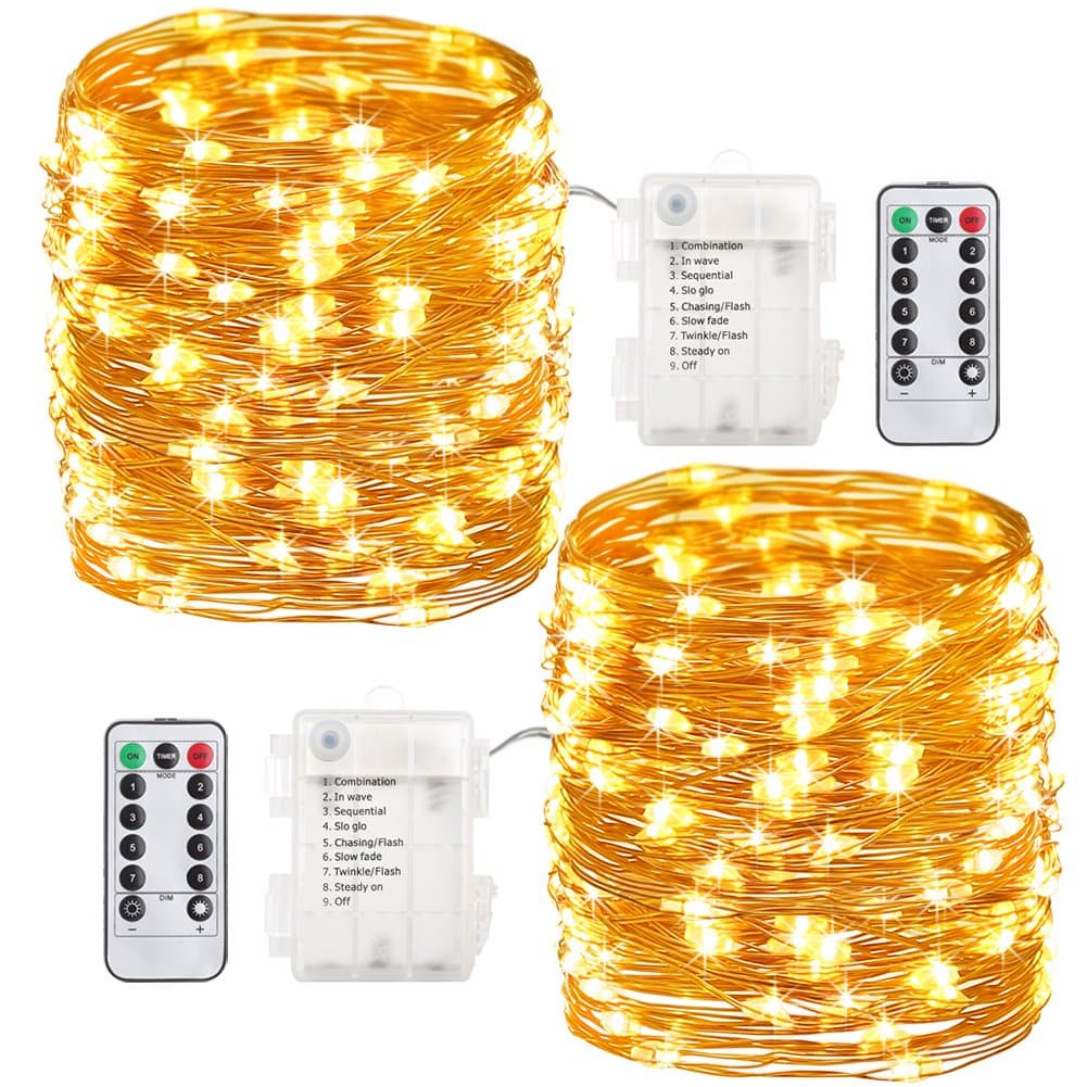 GDEALER 2 Pack 33 Feet 100 Led Fairy Lights Battery Operated with Remote Control Timer Waterproof Copper Wire Twinkle String Lights for Halloween Bedroom Indoor Outdoor Wedding Dorm Decor Yellow