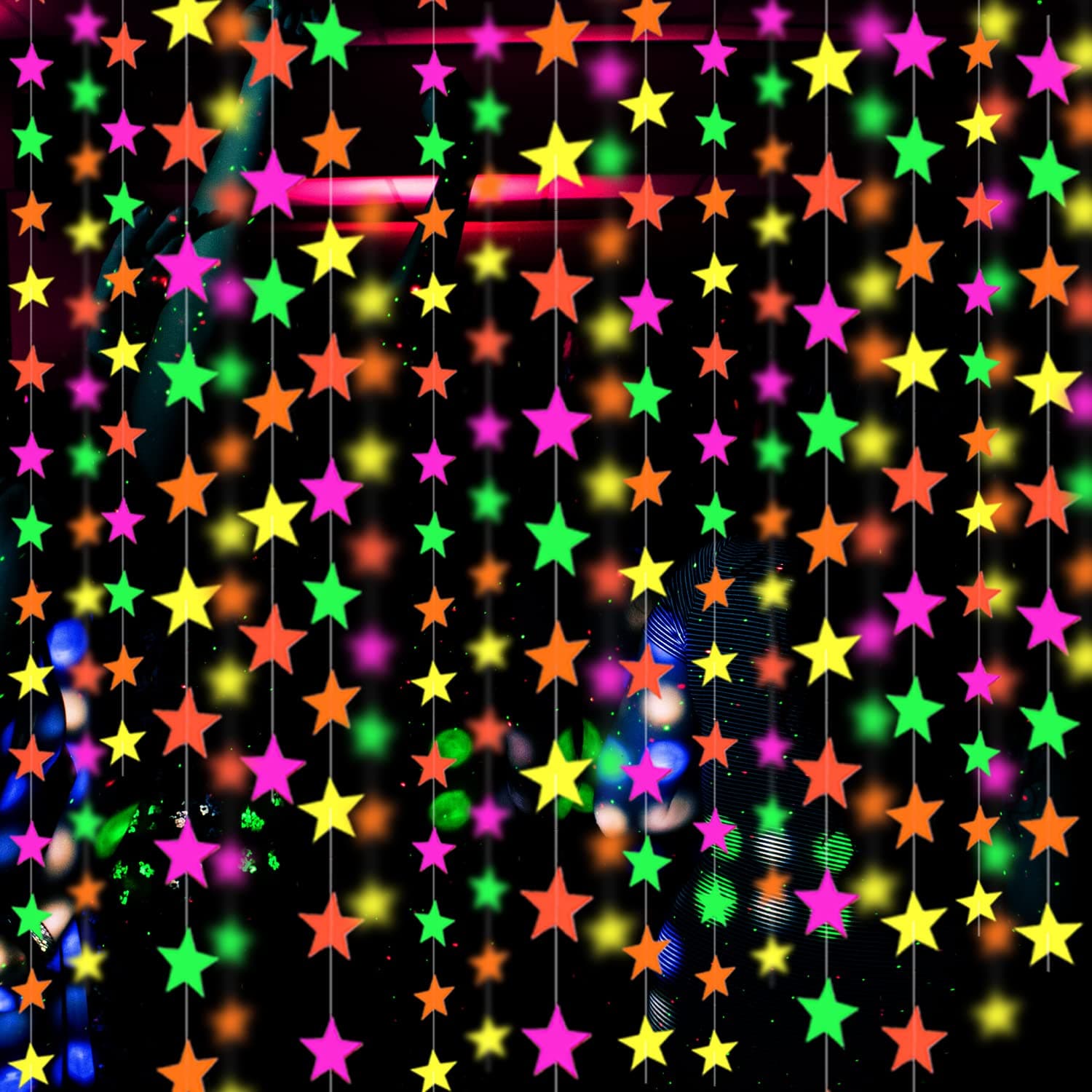 110feet UV Star Paper Neon Garland Streamers Black Light Decorations for Dark Glow Party UV Reactive Party Favors Glow in The Dark Supplies Wedding Birthday Banners