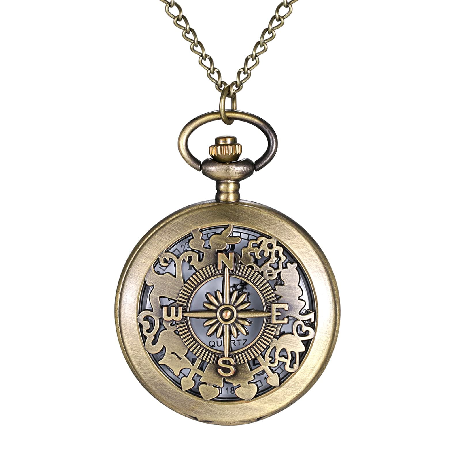 Lancardo Antique Bronze Pocket Watch Vintage Unisex Hollow Out Astrolabe Carving Arabic Markers with Chain Halloween Costume