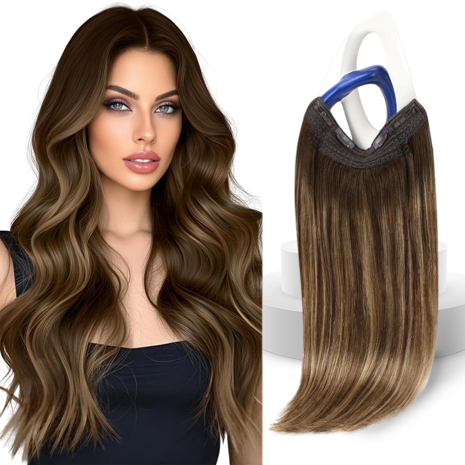 Sunny Hair Wire Hair Extensions Real Human Hair Fish Line Human Hair Extensions Invisible Wire Extensions Dark Brown to Caramel Blonde with Dark Brown Highlights #4/27/4 18 Inch