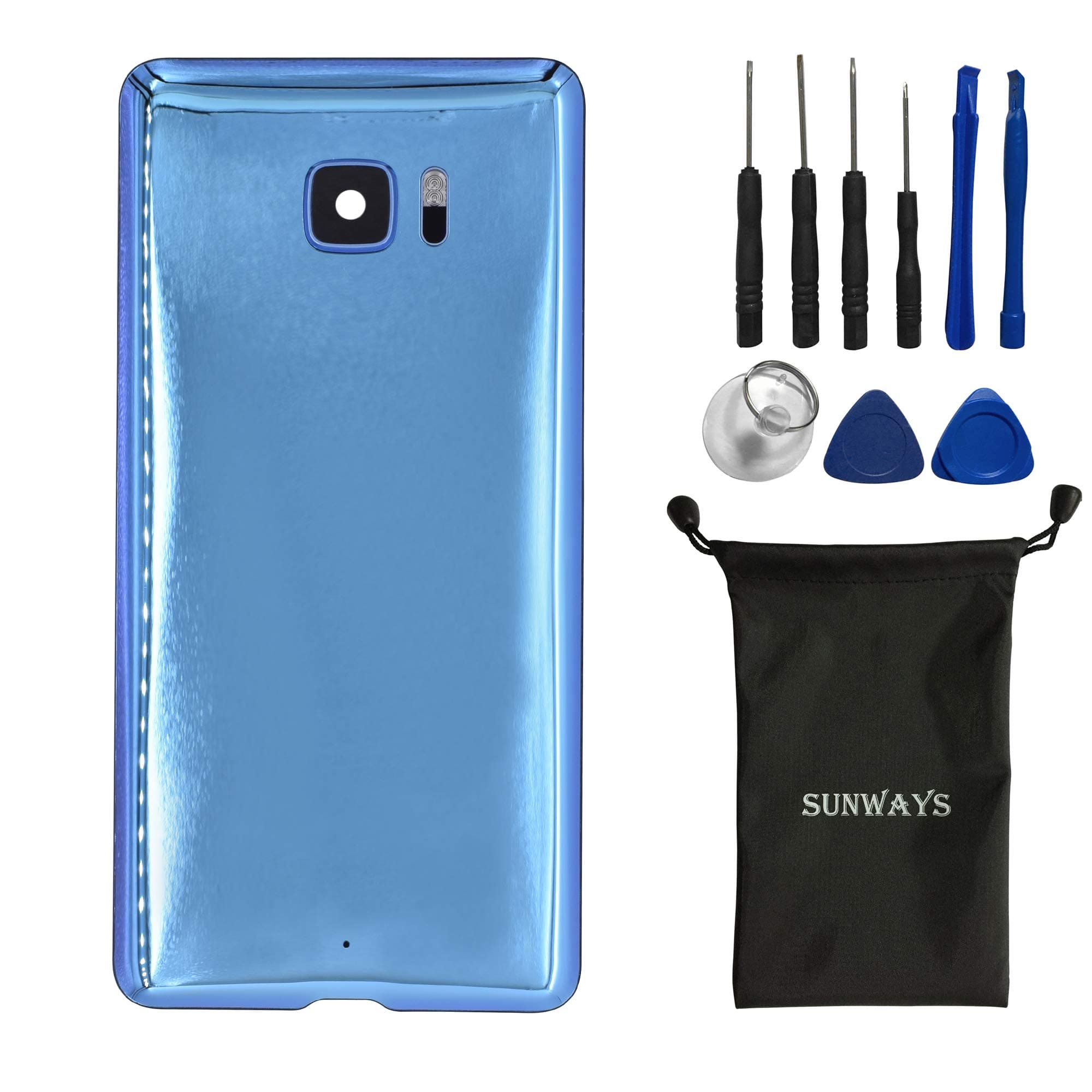 (Glass Material) sunways Battery Case with Adhesive+ Rear Camera Glass Lens Replacement for HTC U Ultra Ocean Note(Sapphire Blue)