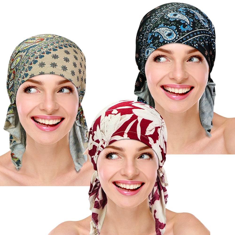 Samserot3 Pieces Women Chemo Hat Turban Beanie, Pre-Tied Headwraps Headwear Bandana for Hair Loss