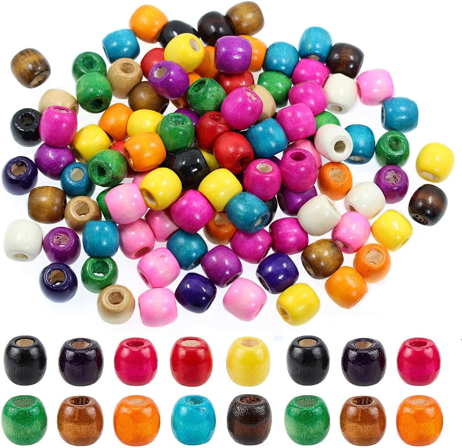 BetterJonny 400Pcs Large Hole Barrel Wood Beads, 12 * 11mm Colorful Natural Wooden Spacer Beads Hair Braid Beads for Macrame Rosary Bracelet Jewelry Craft Making
