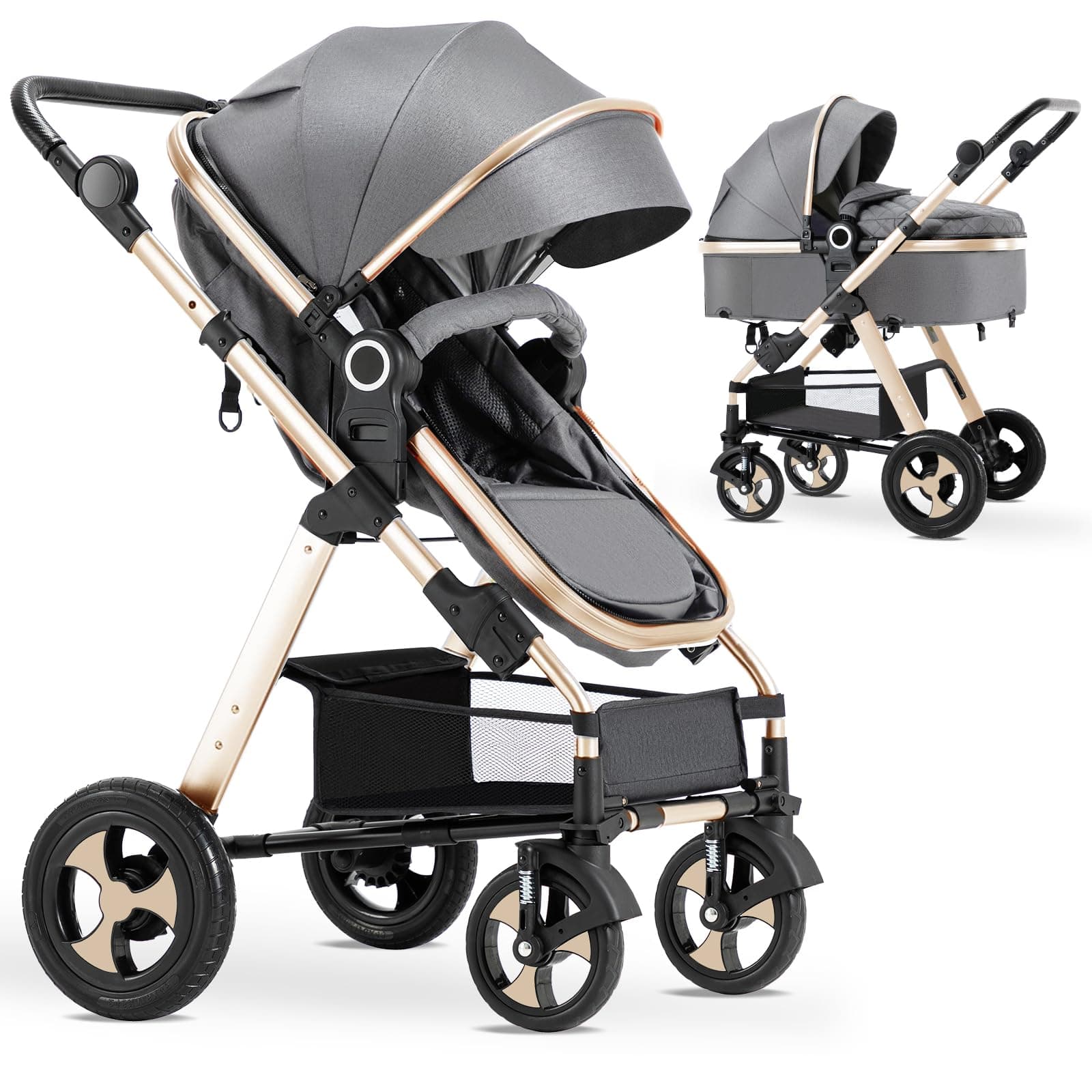 Blahoo Baby Stroller for Newborn, 2 in1 High Landscape Stroller, Foldable Aluminum Alloy Pushchair with Adjustable Backrest.Adjustable Awning, Variable Seat and Recliner（Coffee