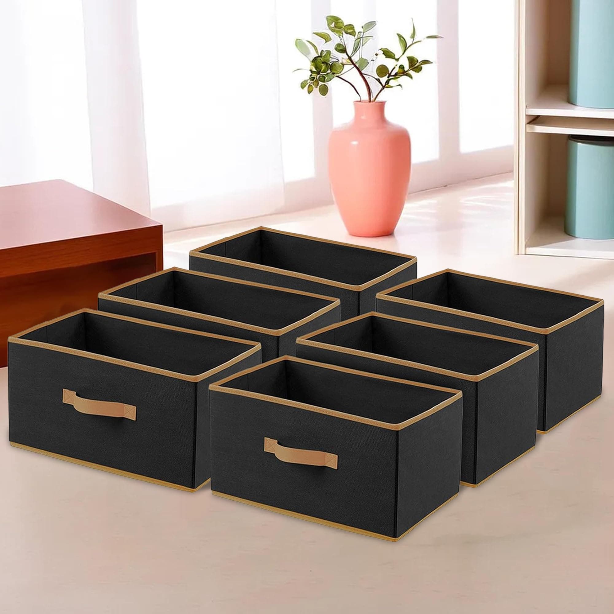 Kuber Industries Foldable Boxes For Storage (Pack of 6) - Multipurpose Storage Organizer For Clothes | Wardrobe | Closet | Toys | Books | Home - Undergarment Organizer Basket With Handle (Black)