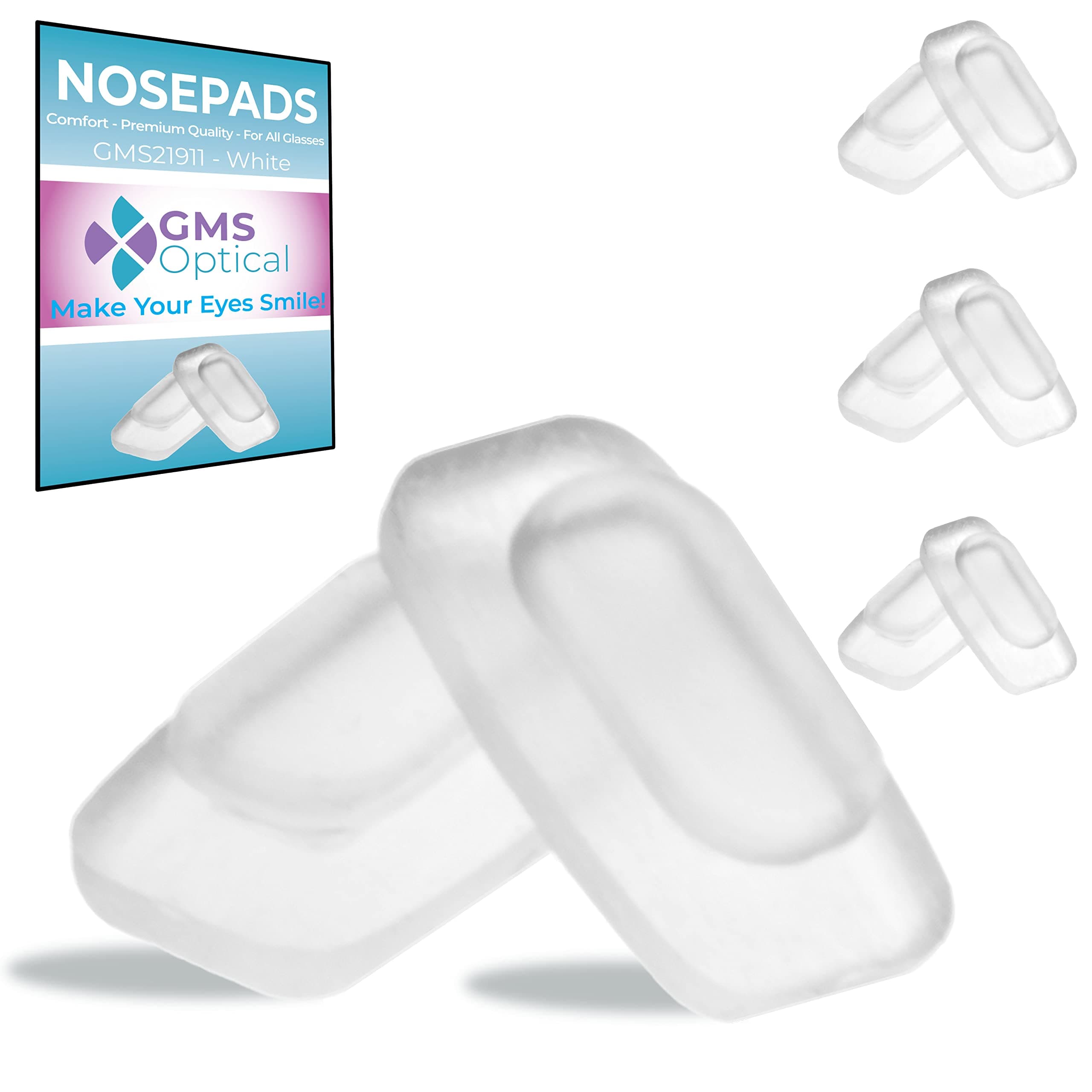 GMS Optical Soft Silicone Rectangle Shaped Slide/Push-in Nose Pads for Glasses, Sunglasses, and Eye Wear - 11mm (3 Pair, White)