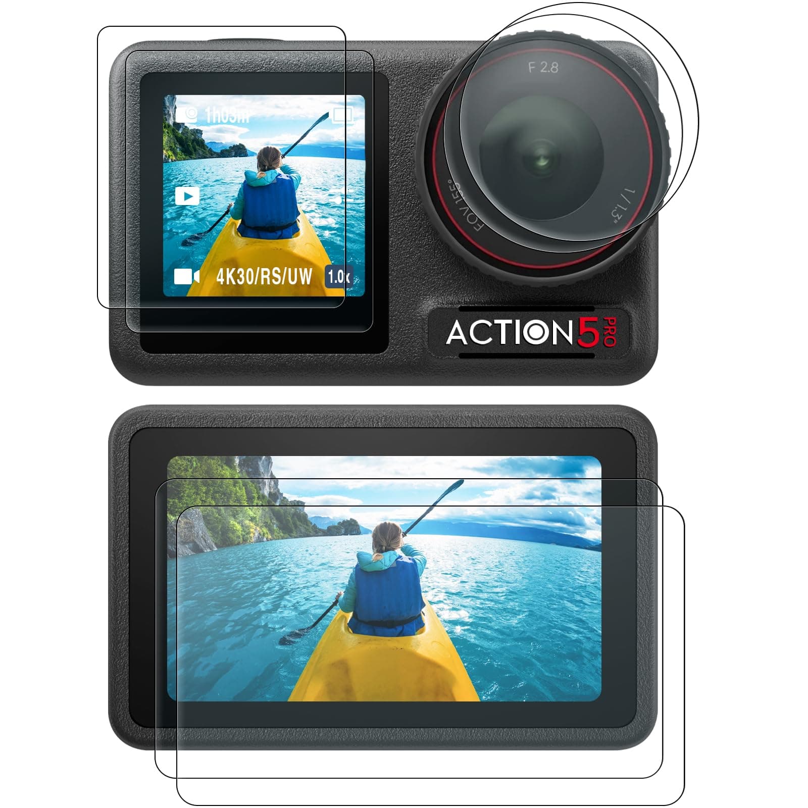 AMAZEAR Lens Screen Protector Comatible with DJI Osmo Action 5 Pro (2 Sets), Action5 Pro Accessories Tempered Glass Protector OLED Display, Ultra HD, 9H Hardness, Scratch Resistant, Bubble-Free