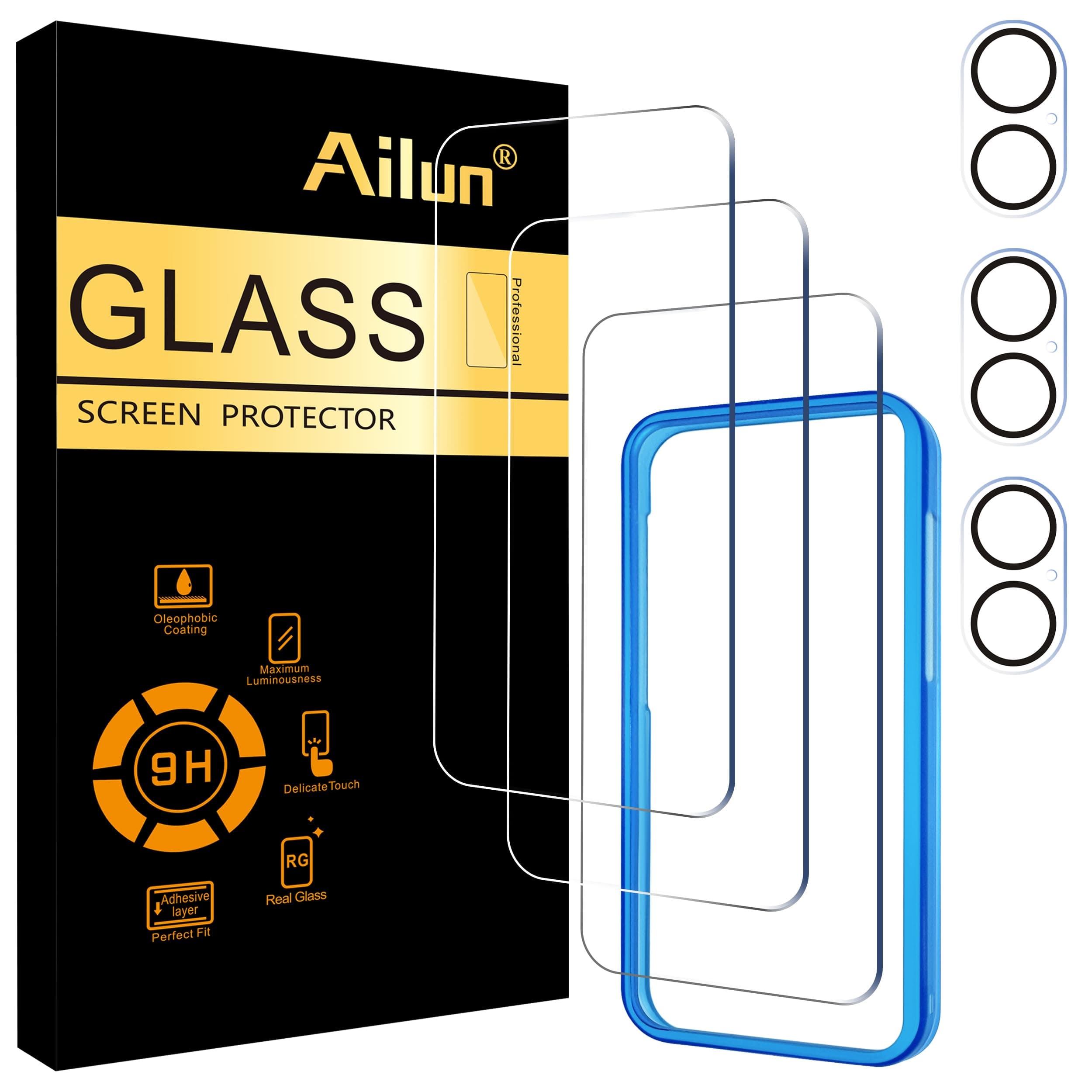 Ailun 3 Pack Screen Protector for iPhone 16 Plus [6.7 inch] + 3 Pack Camera Lens Protector with Installation Frame,Case Friendly Tempered Glass Film,[9H Hardness] - HD[6 Pack]