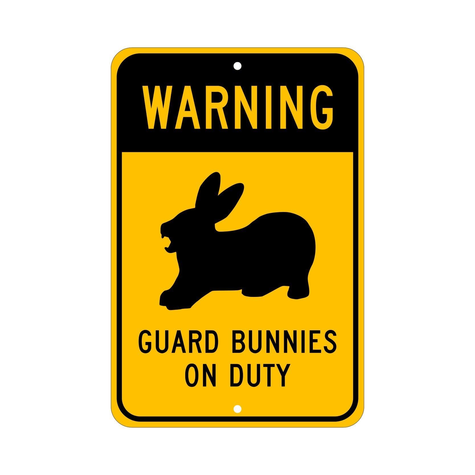 Warning, Guard Bunnies on Duty; novelty rabbit sign, aluminum, 6"x9", glossy black on caution yellow
