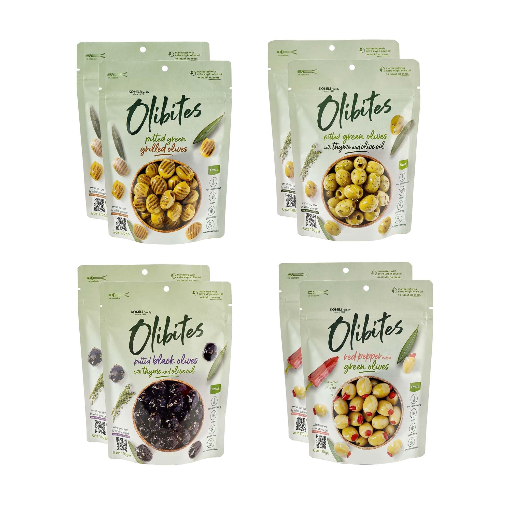 Olibites Pitted Olives - Fresh Olives Marinated in Extra Virgin Olive Oil (6 oz, Variety 8 pack)