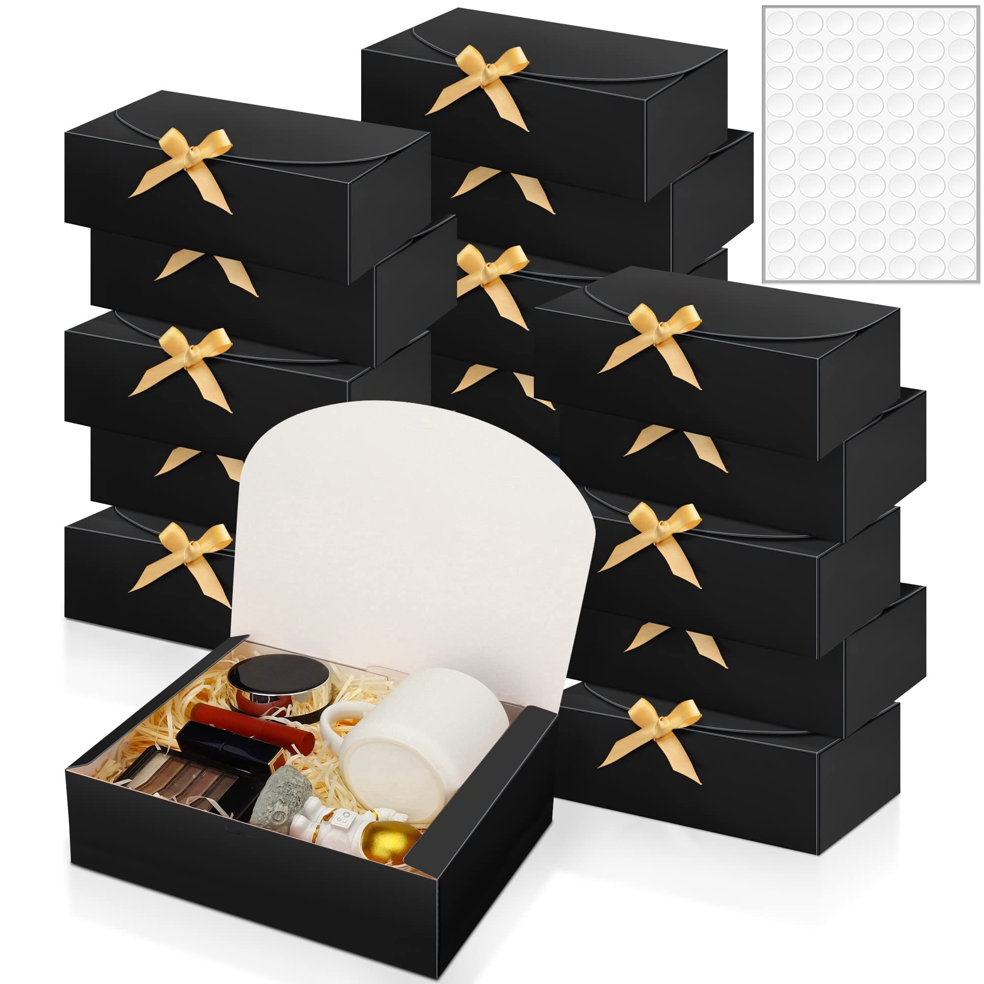 SWANGSA16Pcs Gift Boxes with Lids, 10.6''x7.8''x3.1'' Black Kraft Paper Gift Box, Bridesmaid Proposal Box with Ribbon and 70pcs Adhesive Dots, for Wedding, Packaging, Present, Birthday, Cupcake Boxes