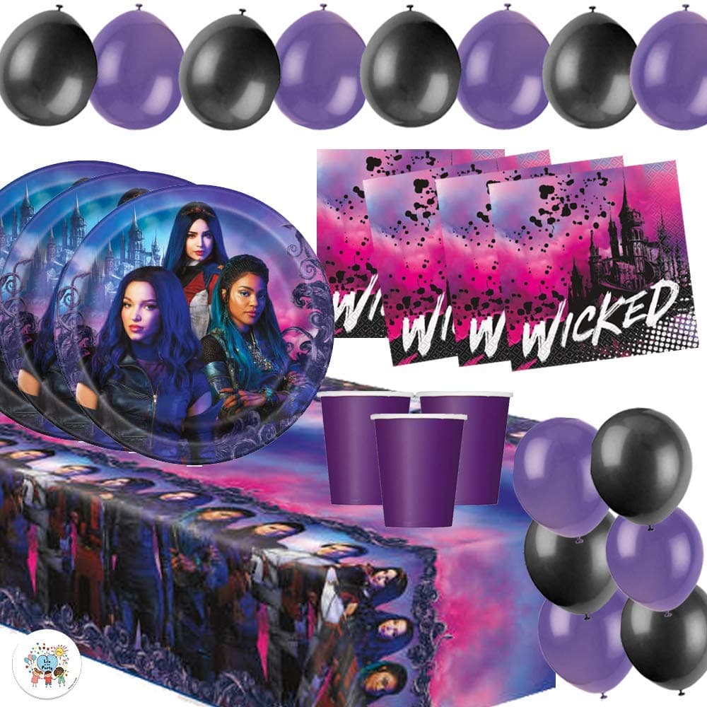 Descendants 3 Birthday Party Supplies Pack for 16 Guests With Plates, Napkins, Cups, Table Cover, Balloons and an Exclusive Pin by Another Dream