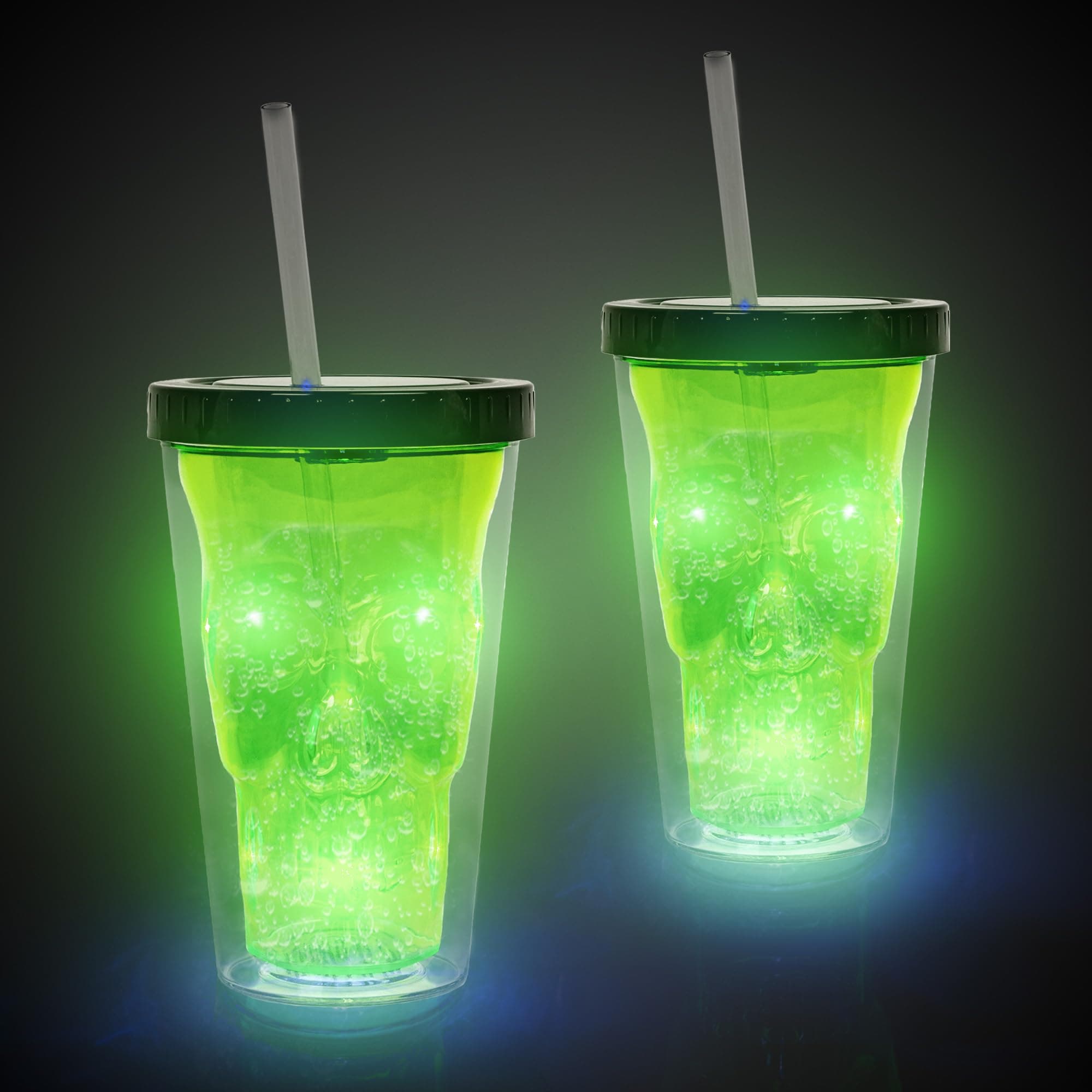 LED Double Wall Skull Cup with Straw - Light Up Tumbler Drinking Cup for Halloween Decoration - Green