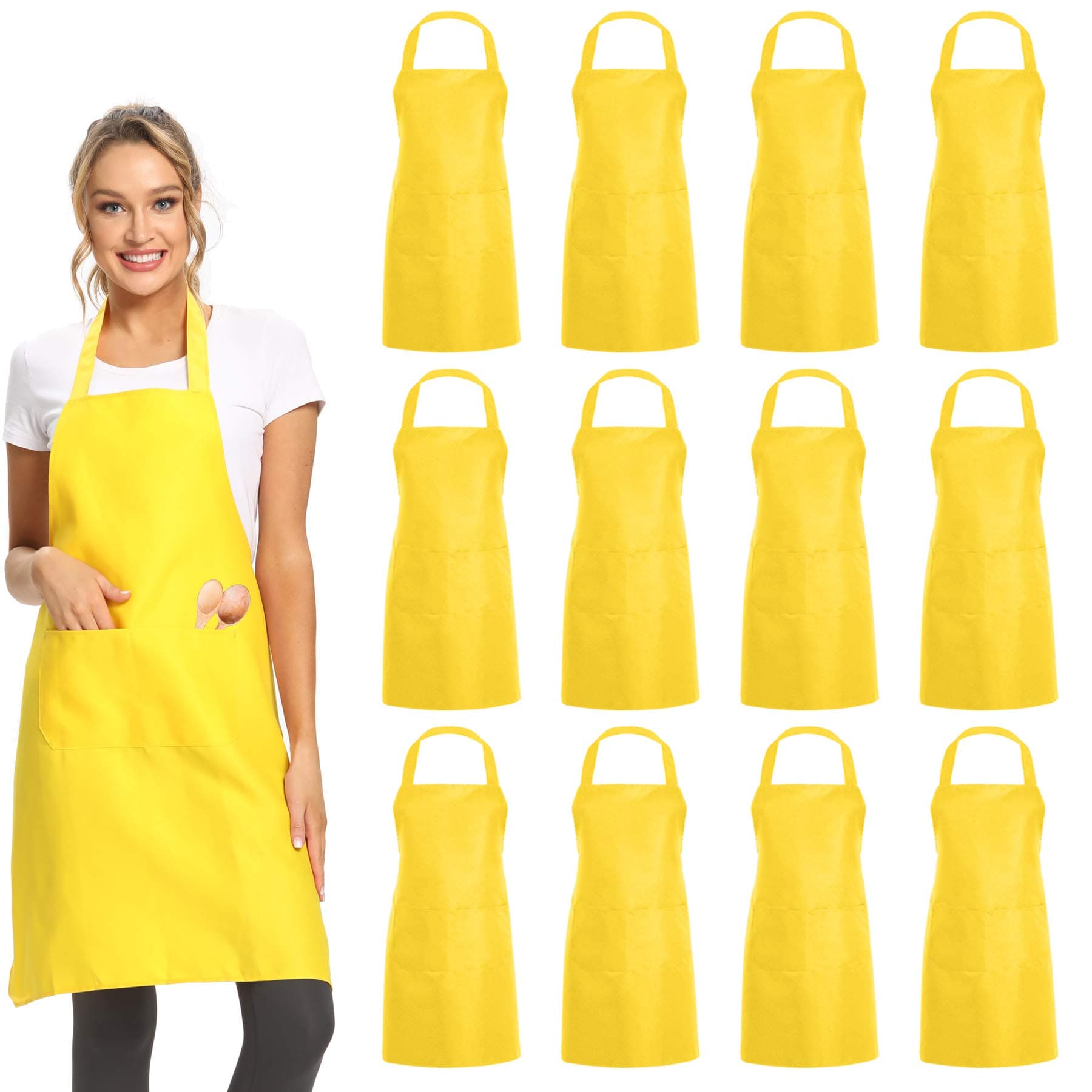 DUSKCOVE 12 Pack Plain Bib Aprons with 2 Pockets - Yellow Unisex Commercial Apron Bulk for Kitchen Cooking Restaurant BBQ Painting Crafting