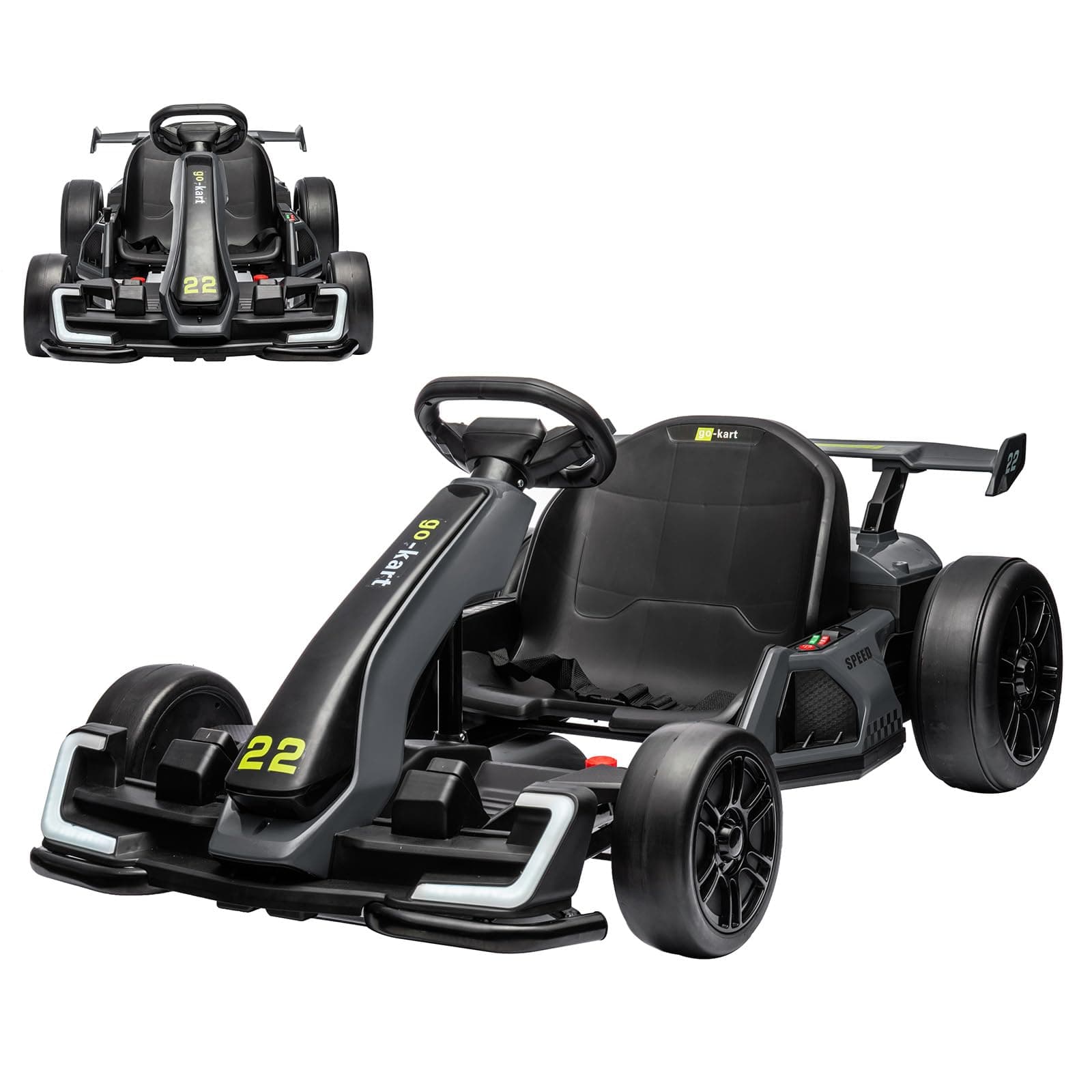 24V Electric Go Kart for Kids，Powerful Drift Kart With Adjustable Seat, 2x150 Motor, 8.5 Mph Speed, 4 Speed Modes, Led Lights, Music, and Honking Horn for Ages 6-12