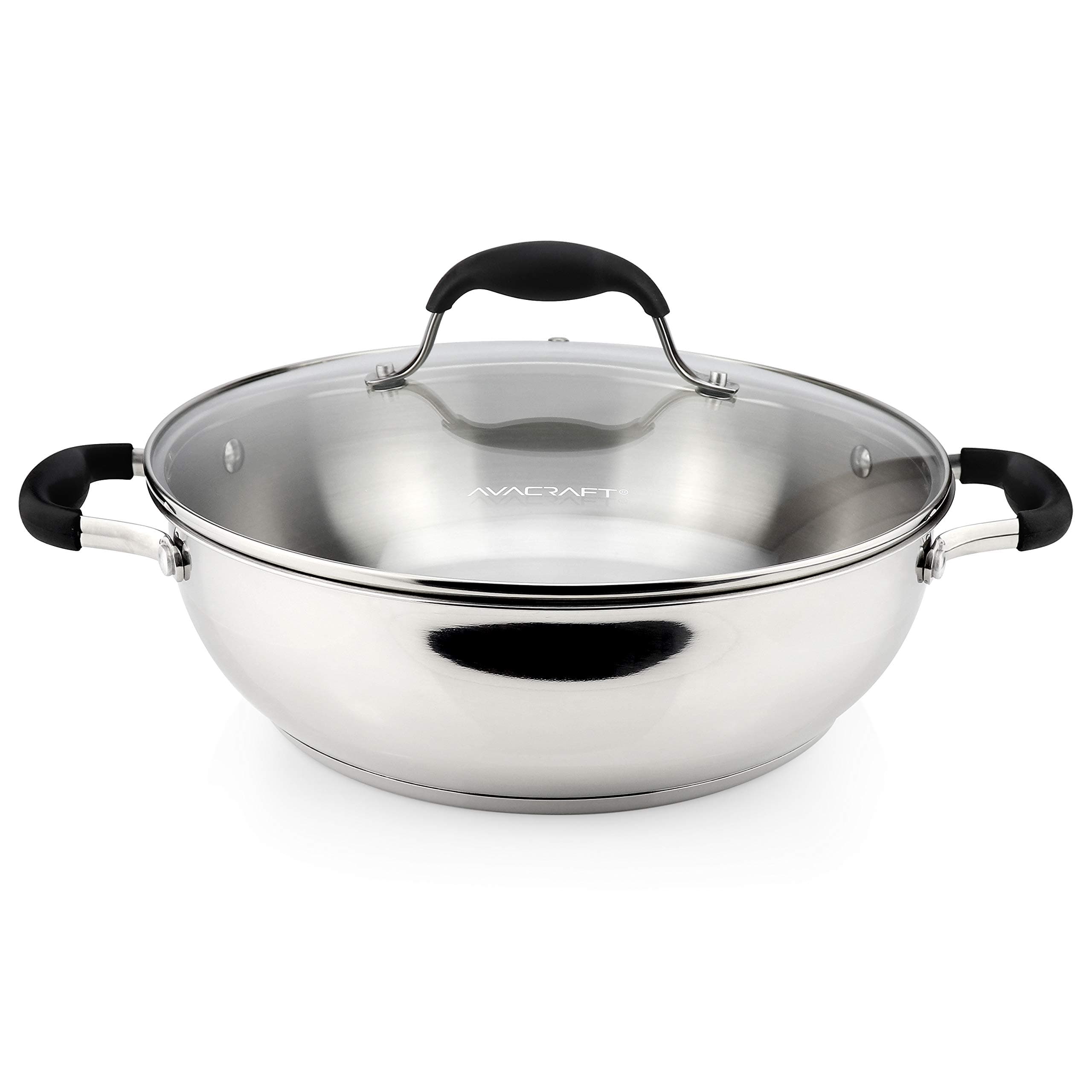 AVACRAFT 18/10 Stainless Steel Everyday Pan, Stir Fry, Five-Ply Base, Glass Lid, Multipurpose Stewpot Skillet, Saute, Casserole (11" Top Diameter, 8" Base Diameter)