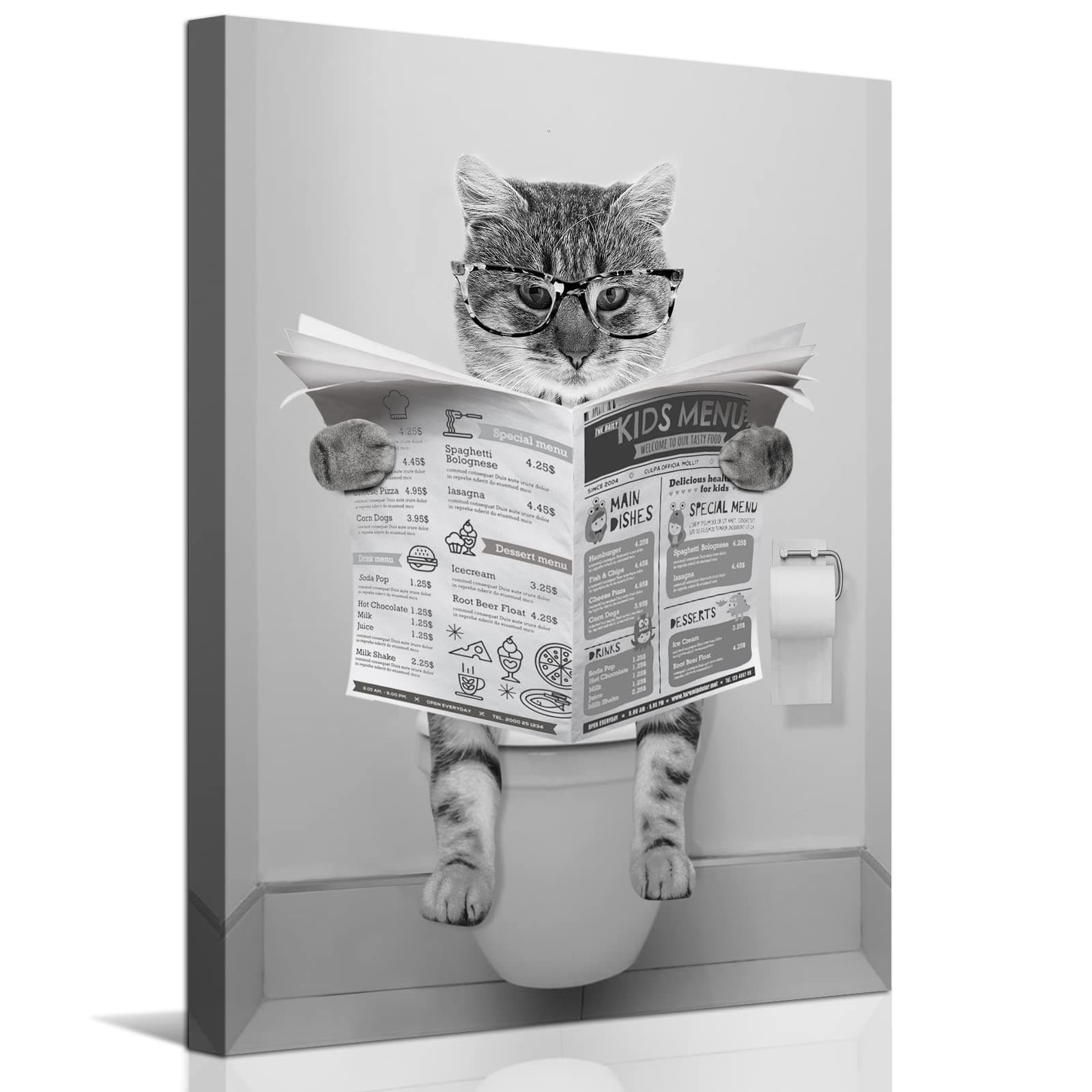 Funny Cat Canvas Wall Art Black and White Picture Prints Modern Bathroom Wall Decor Cat Sitting in Toilet Reading Newspaper Painting for Bathroom Toilet Washroom Animals Artwork Framed 12"x16"
