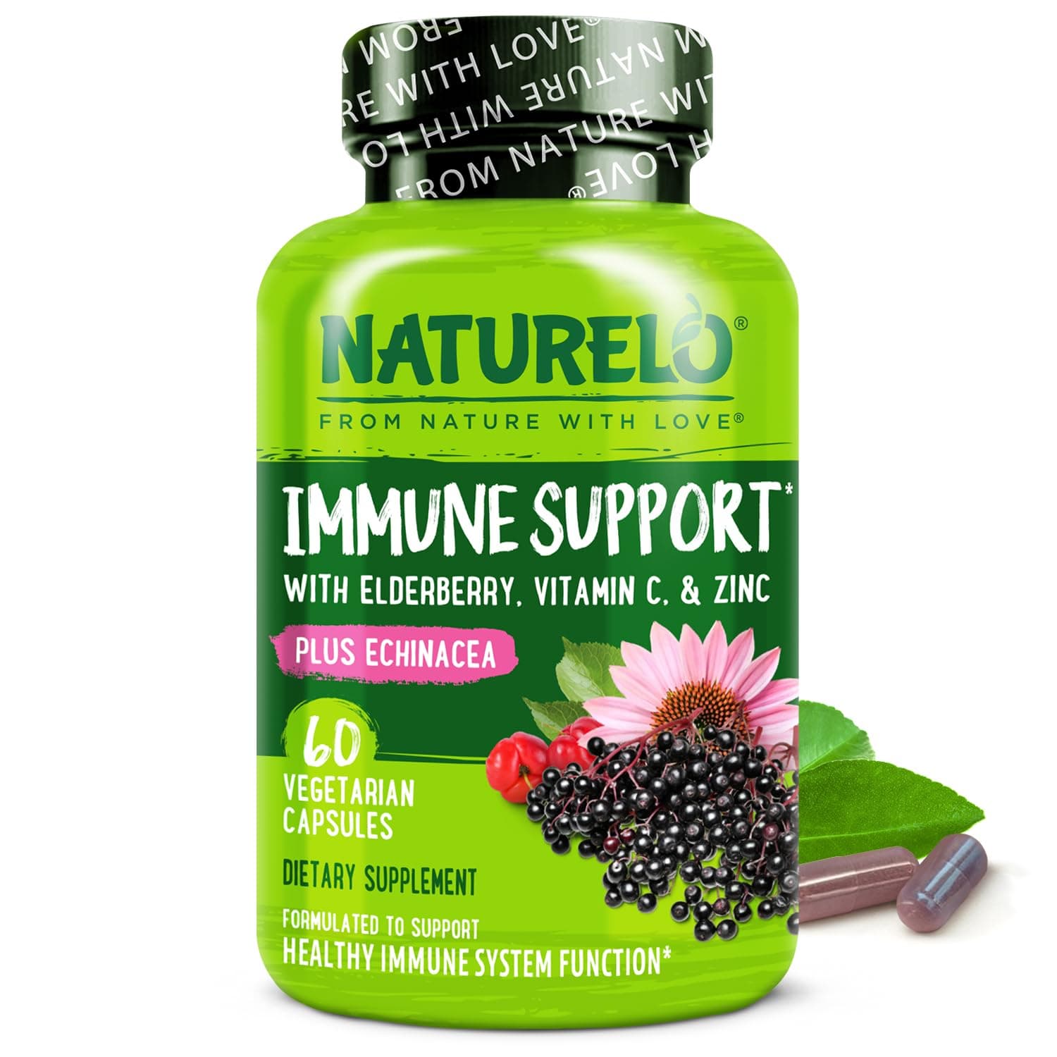NATURELO Immune Support – Vitamin C, Elderberry, Zinc, Echinacea – Natural Immunity Boost w/Antioxidant, Herbal & Mineral Defense - 60 Vegan Capsules