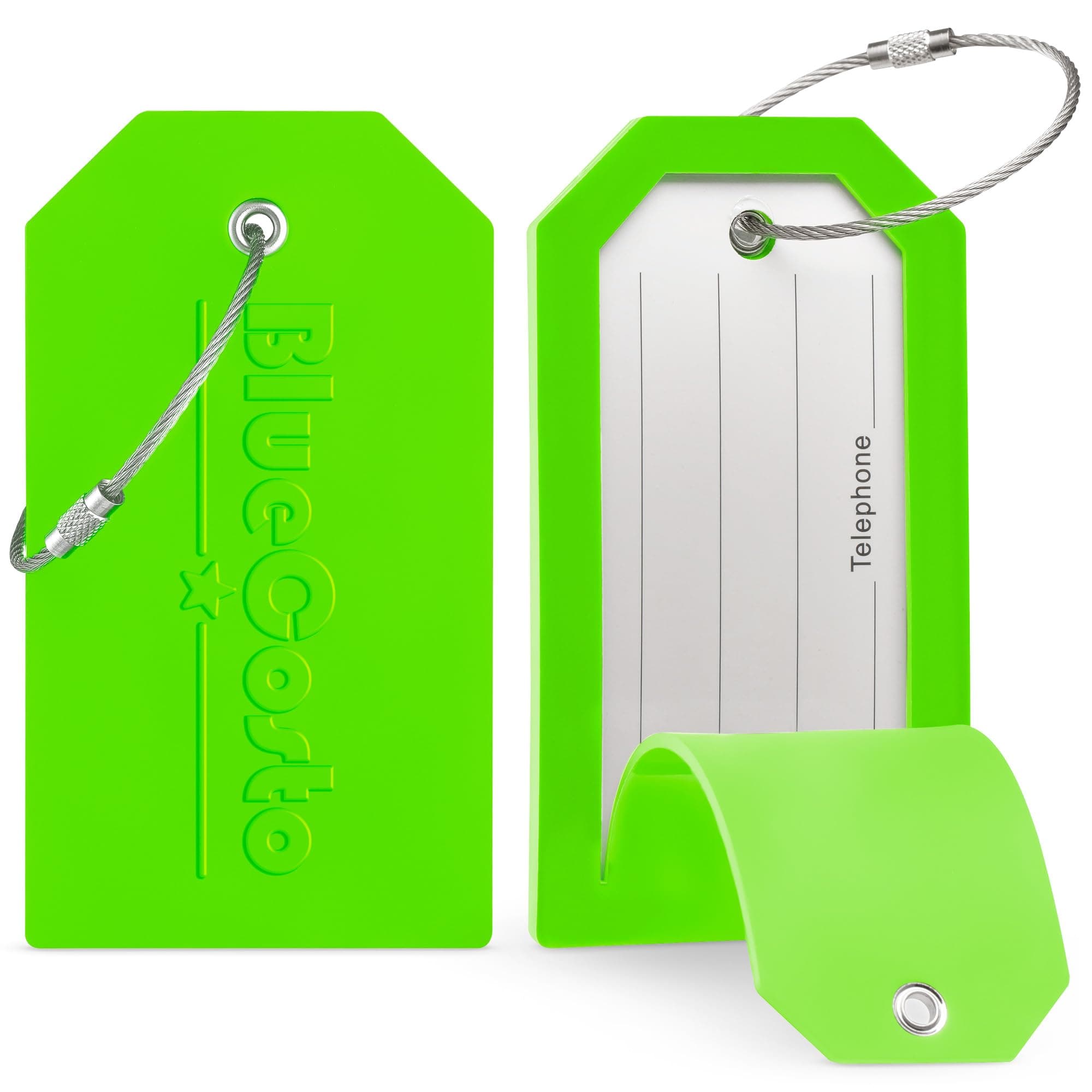 BlueCostoPremium PVC Luggage Tag, Luggage Tags w/Privacy Cover, Luggage Tags for Suitcases, Bag Tag, Luggage Tags 5 Pack, Identifiers Travel Bag Tags for Luggage, Name Travel Tags for Luggage (Bright Green)