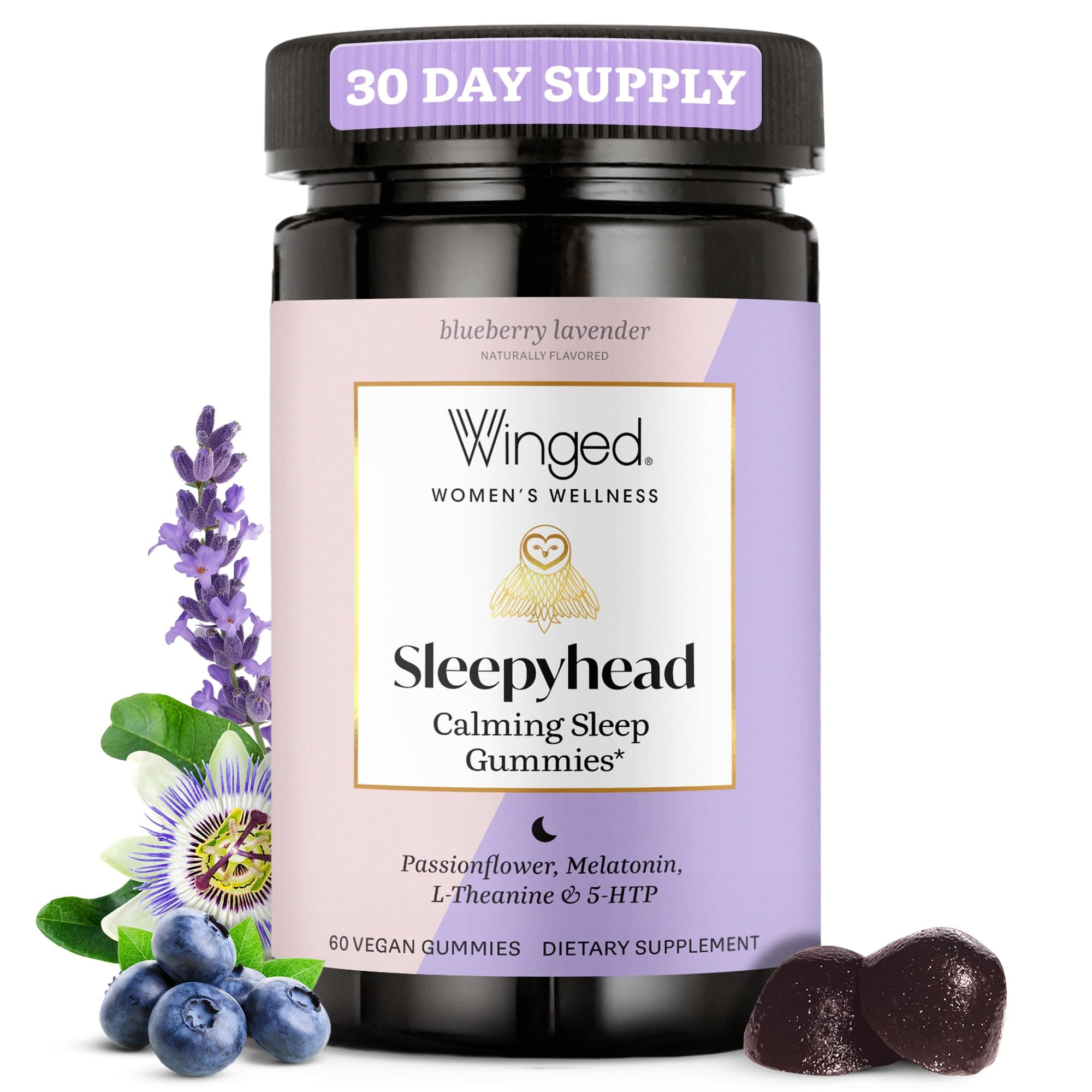 Winged Wellness Sleepyhead Natural Sleep Gummies for Women - Prime Sleep Support Aid for Adults with 3mg Melatonin, L-Theanine, 5-HTP - Blueberry Lavender Flavored - 30 Servings