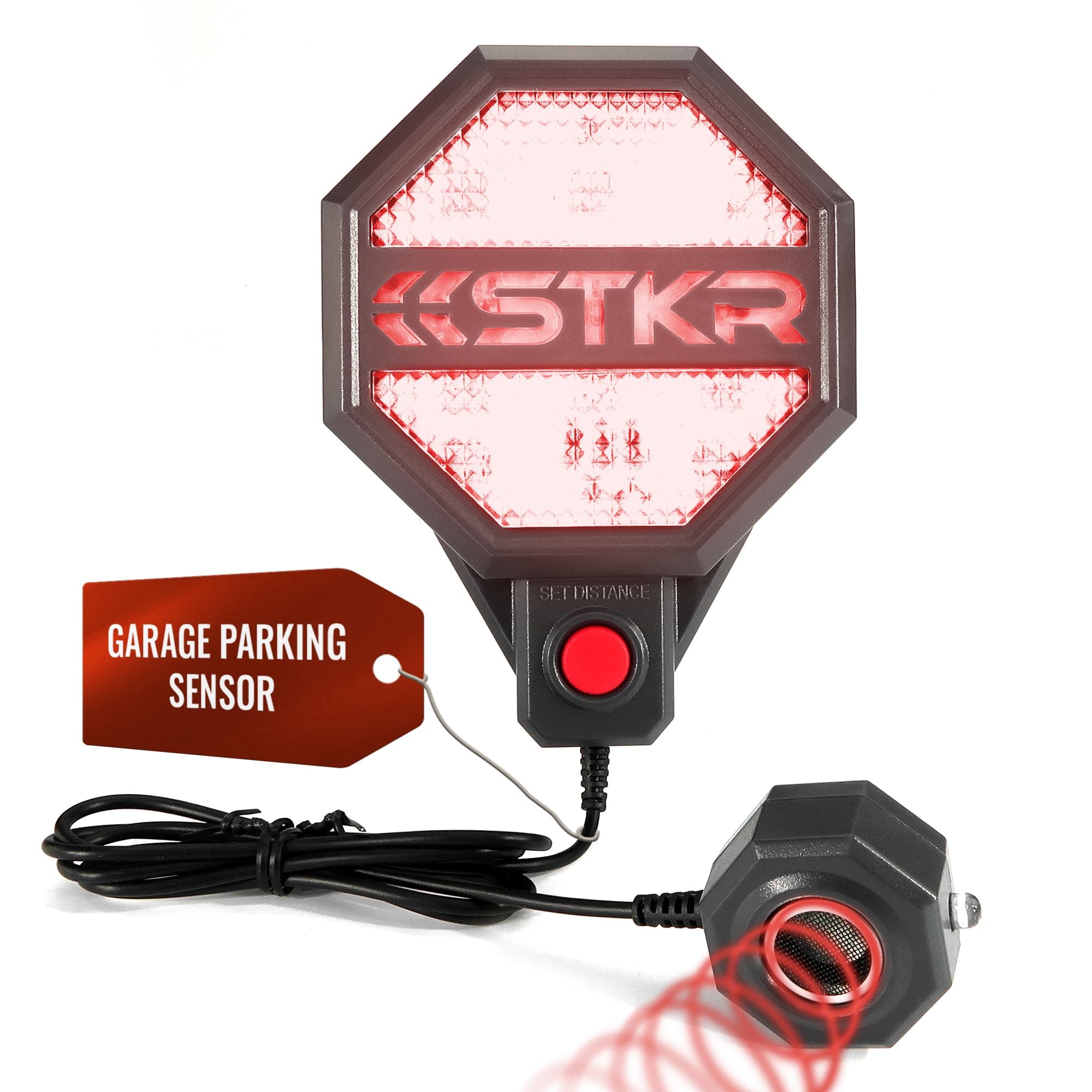 STKR Garage Parking Sensor – Adjustable Ultrasonic Car Stop Assistant with Red/Yellow/Green LED Display – Set Stop Distance 6"–6 ft – Battery or USB Powered – Easy Wall-Mount Install – Dark Grey