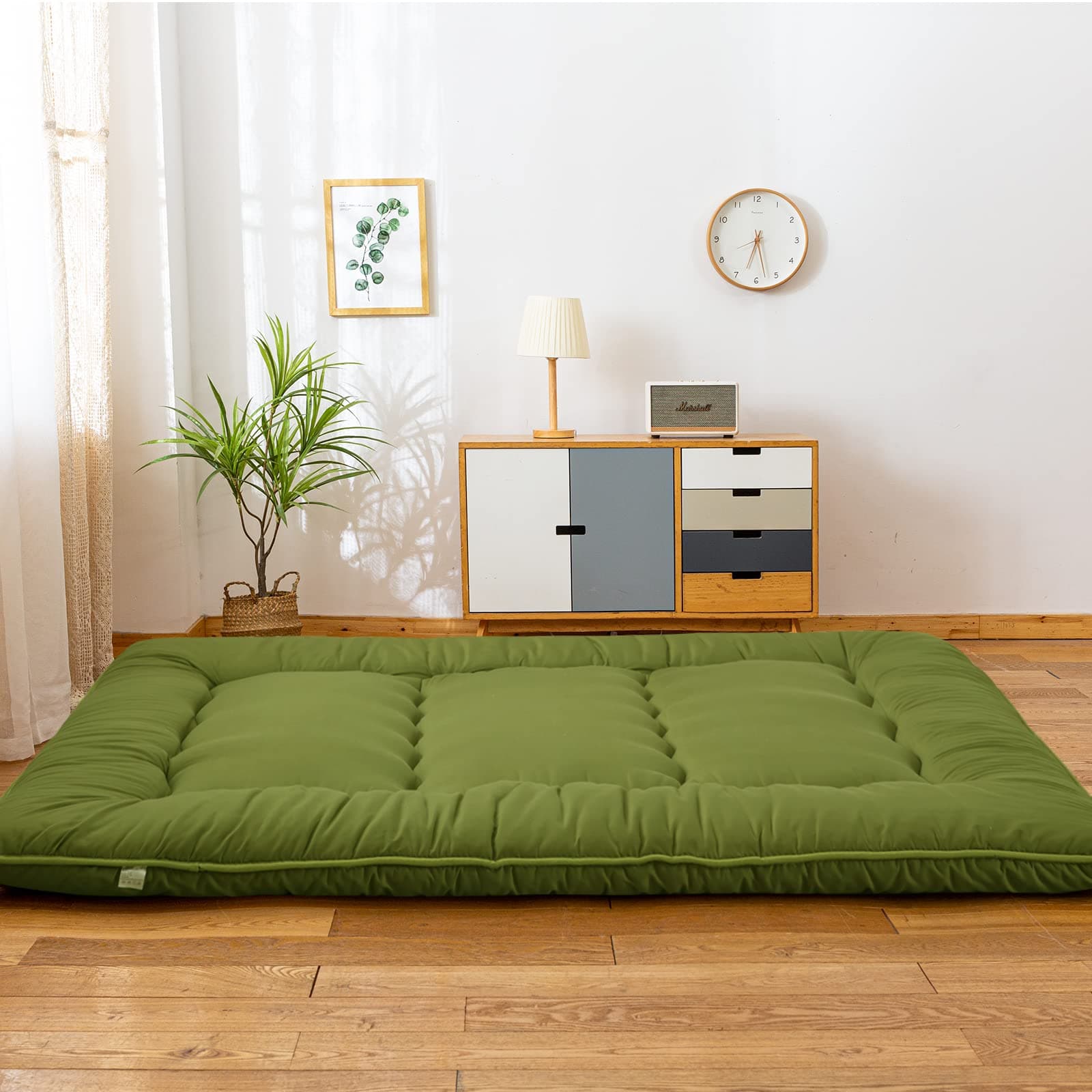 Green Japanese Shiki Futon Mattress Floor Mattress, Roll Up Guest Floor Bed Folding Portable Camping Thicken Pad Sleeping Pad for Guest Room Twin Size