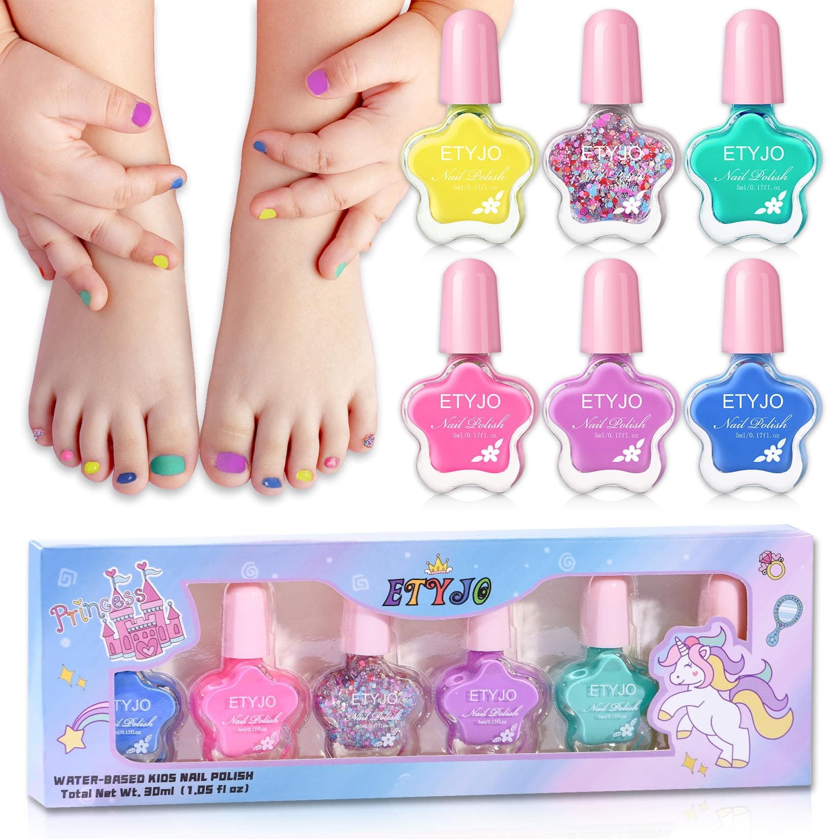 ETYJOKids Nail Polish Set - Non-Toxic, Quick Dry Peel Off Nail Polish, 6 Rainbow Colors for Girls Age 3+