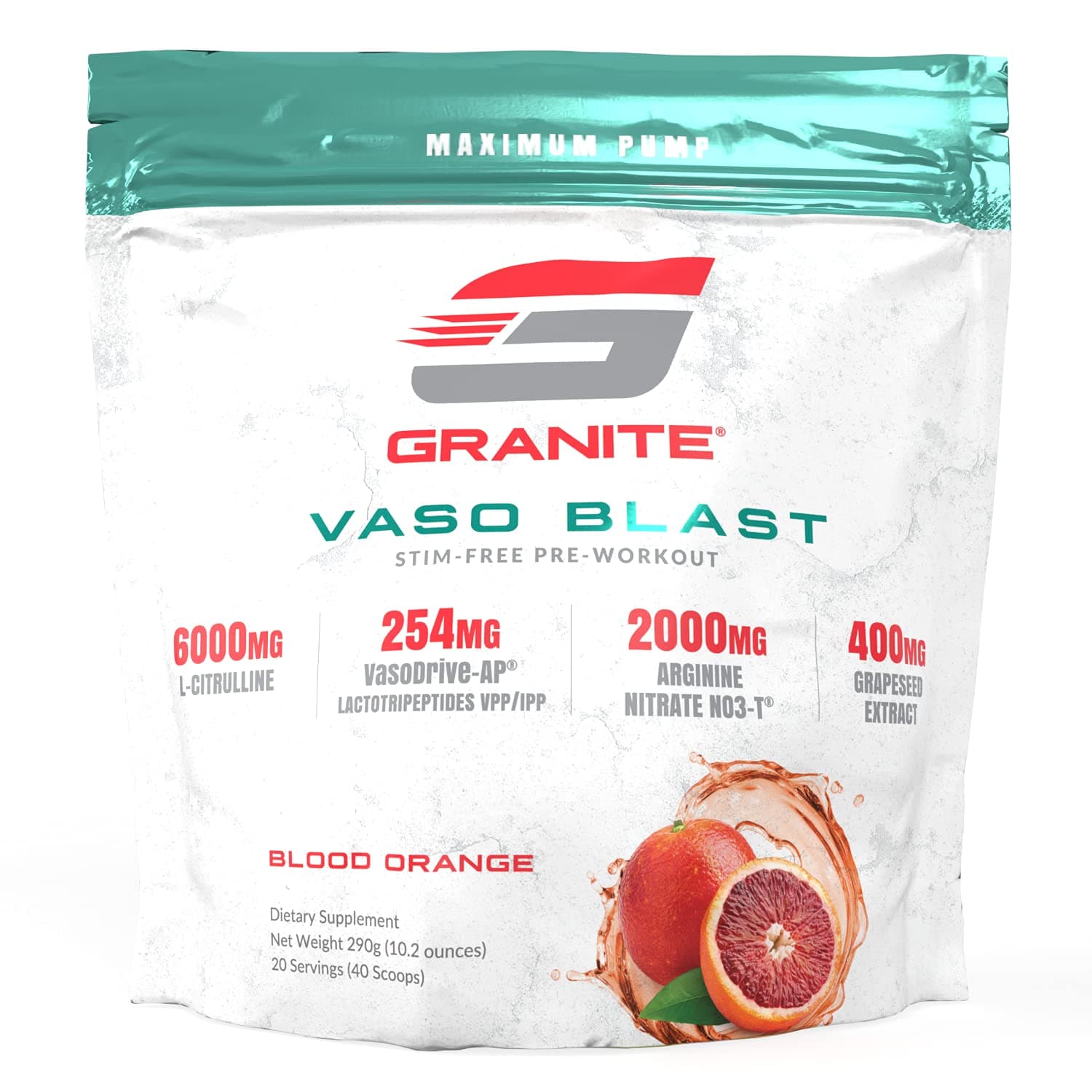 Granite Nutrition Vaso Blast Stim-Free Pre Workout - Non-Stim Nitric Oxide Support for Pump, Physique, and Muscle Capacity - Blood Orange (290g)