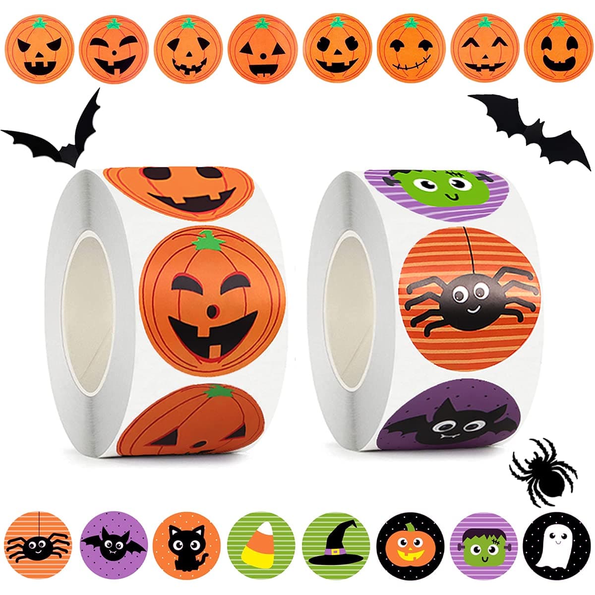 ByhooHalloween Stickers for Kids, 1000 Pcs Halloween Pumpkin Bat Spider Stickers Roll, 16 Vibrant Colors and Designs, Round Seal Label Stickers, Envelope Seals Paster for Halloween Party Decorations