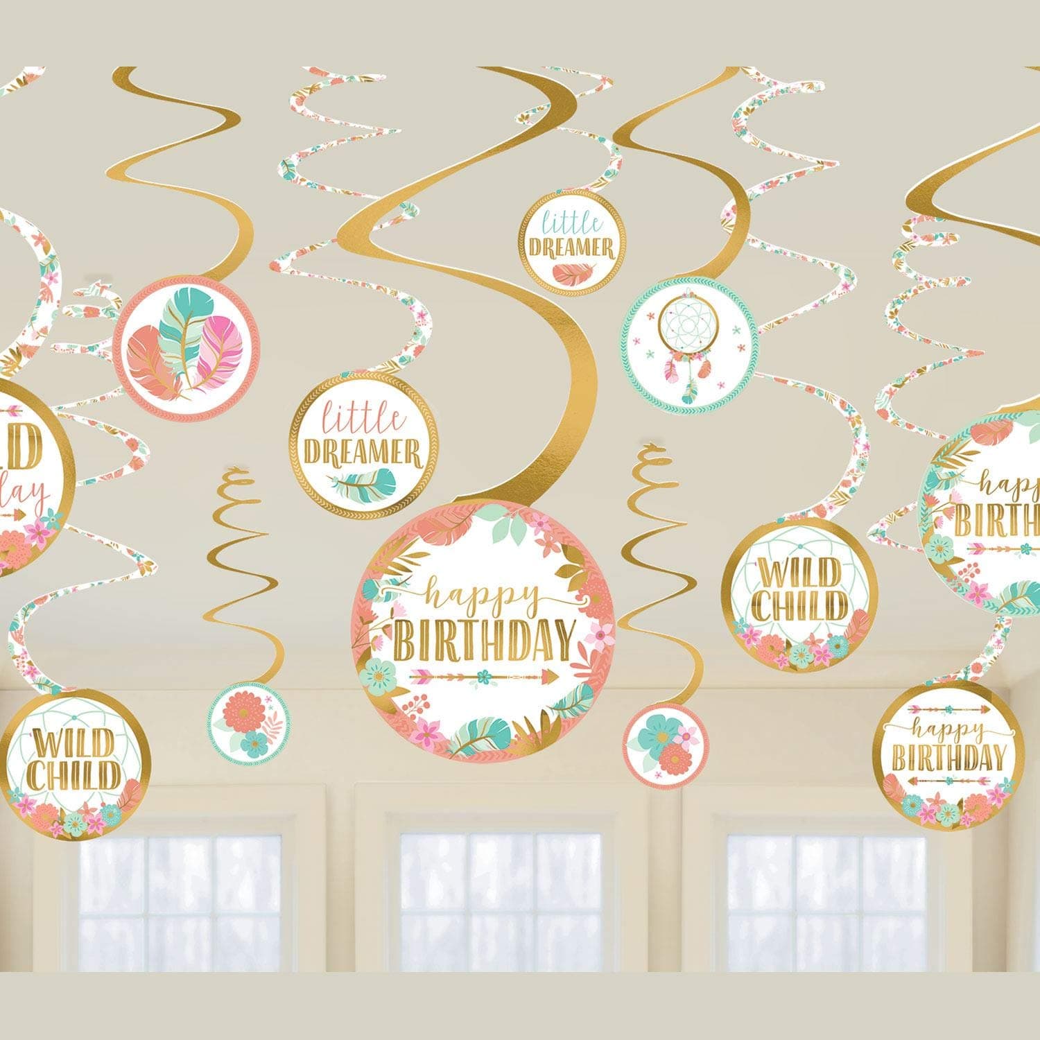 1st Birthday 'Boho Girl' Hanging Swirl Decorations (12pc)