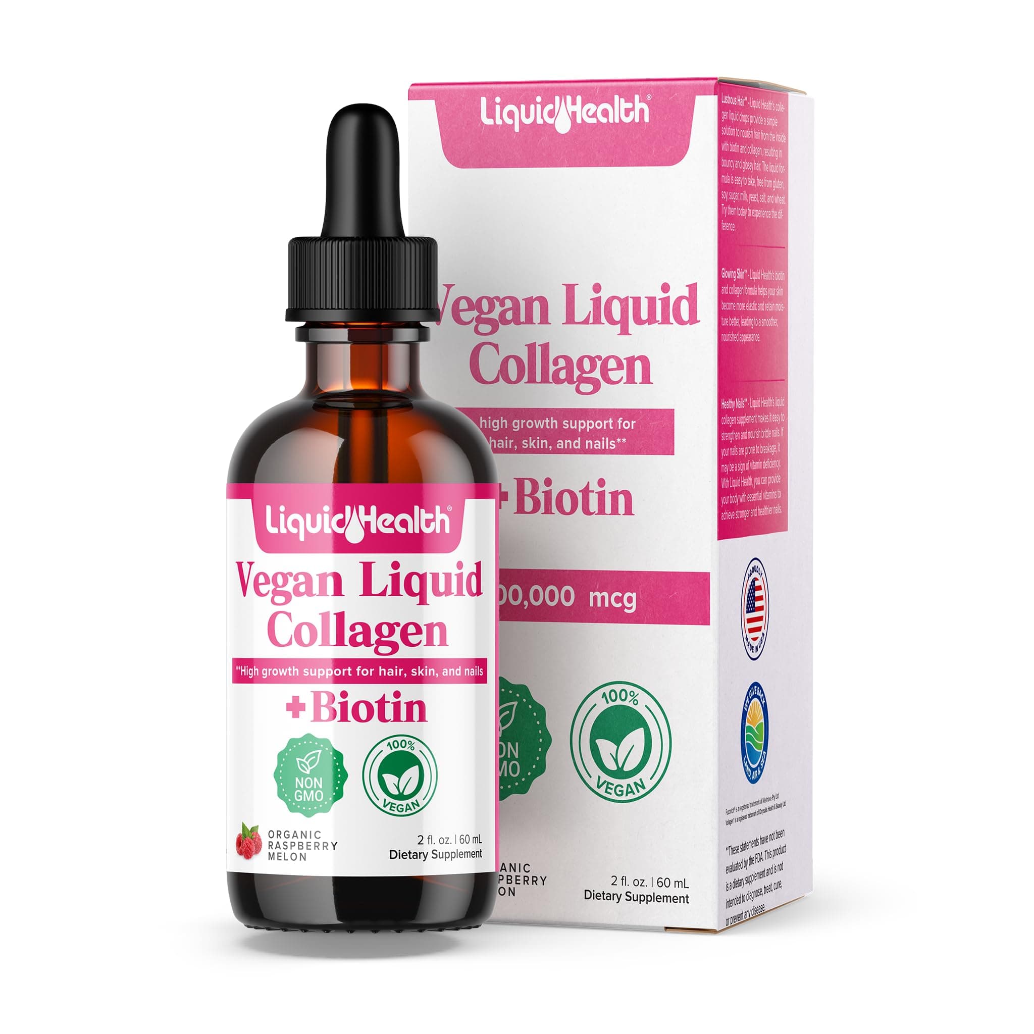 100% Vegan Collagen Plus Biotin 100,000mcg Liquid Drops - Plant-Based Liquid Collagen for Women & Men - Hair & Nail Growth, Skin Health, Boosts Metabolism - Made in USA, Non-GMO (2 oz)
